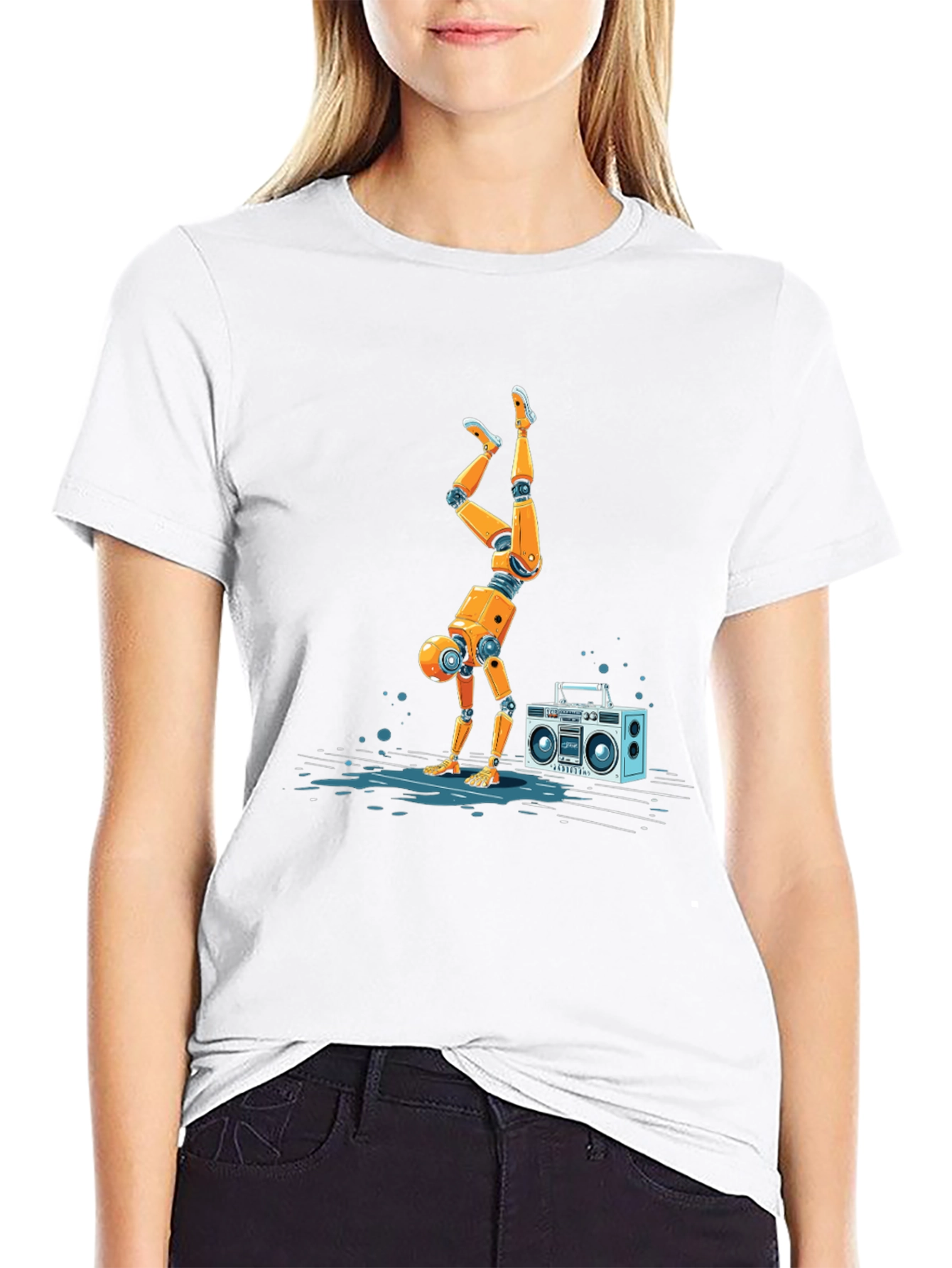 Robot Handstand T-Shirt - Funky Boombox Design