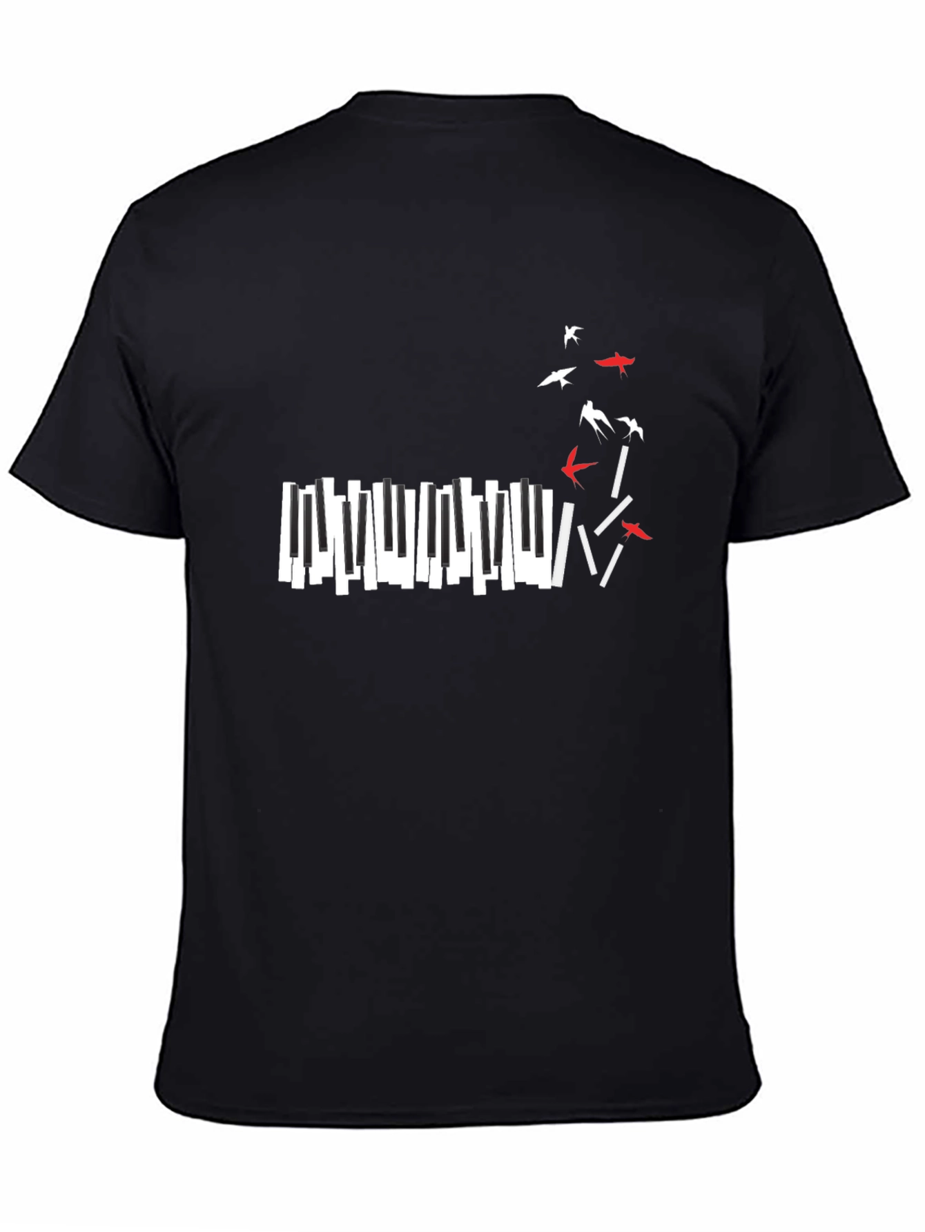 Piano Keys & Birds Graphic Black T-Shirt