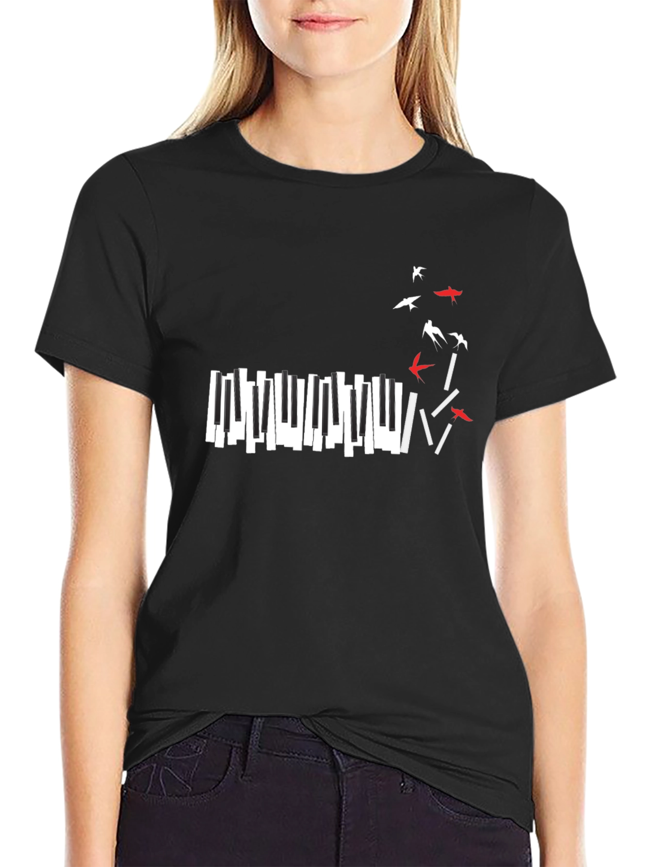 Piano Keys & Birds Graphic Black T-Shirt