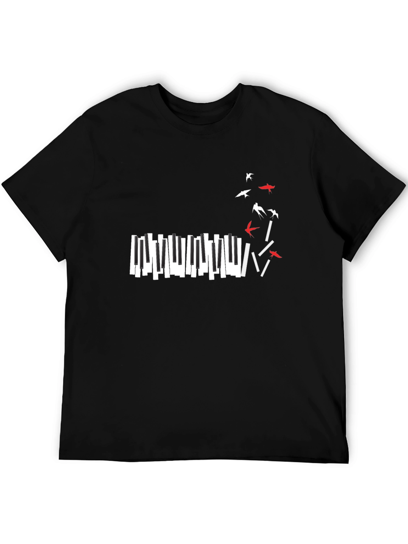 Piano Keys & Birds Graphic Black T-Shirt