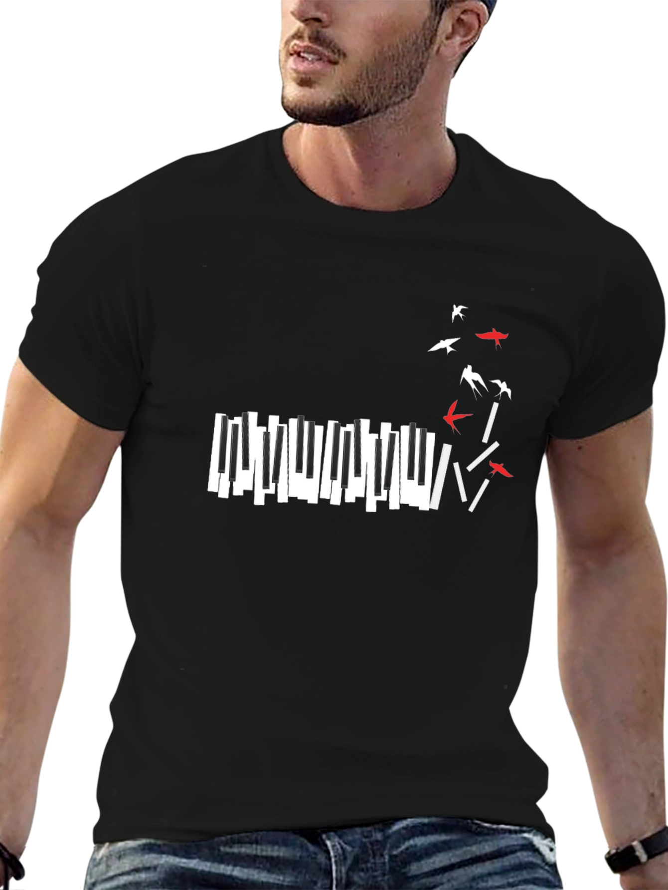 Piano Keys & Birds Graphic Black T-Shirt