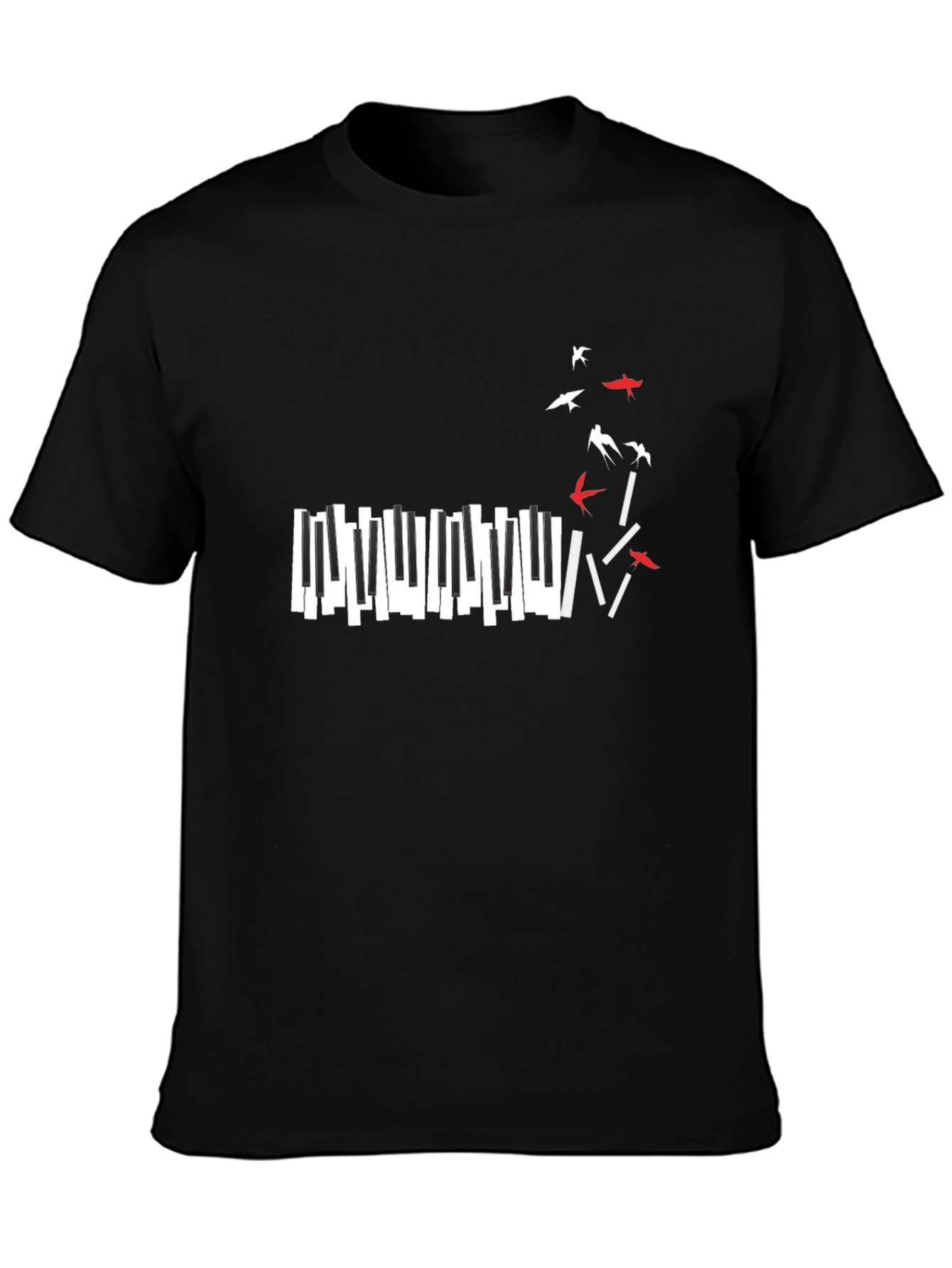 Piano Keys & Birds Graphic Black T-Shirt
