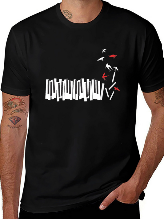 Piano Keys & Birds Graphic Black T-Shirt