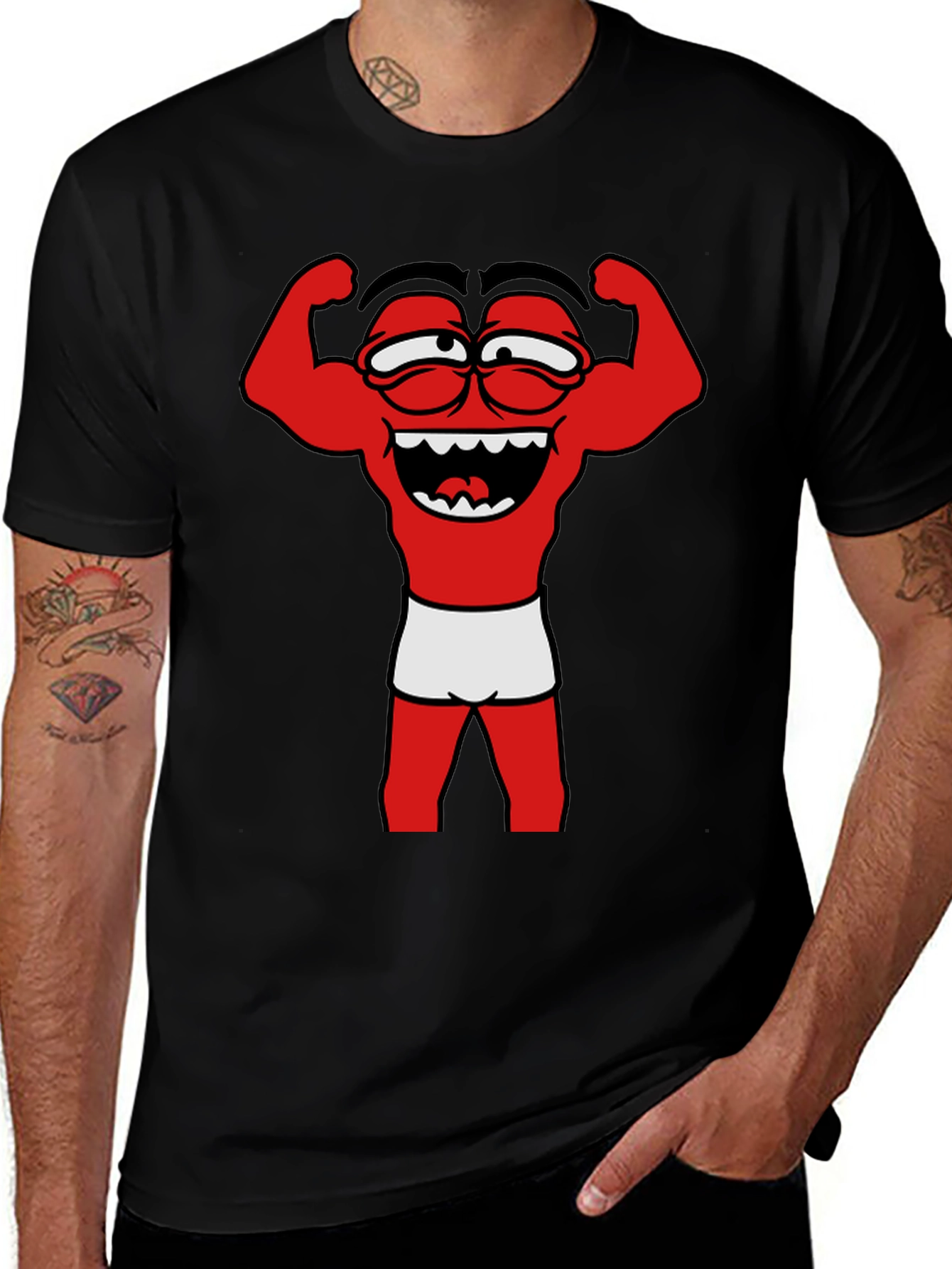 Funny Muscle Man Cartoon Graphic Tee - Black