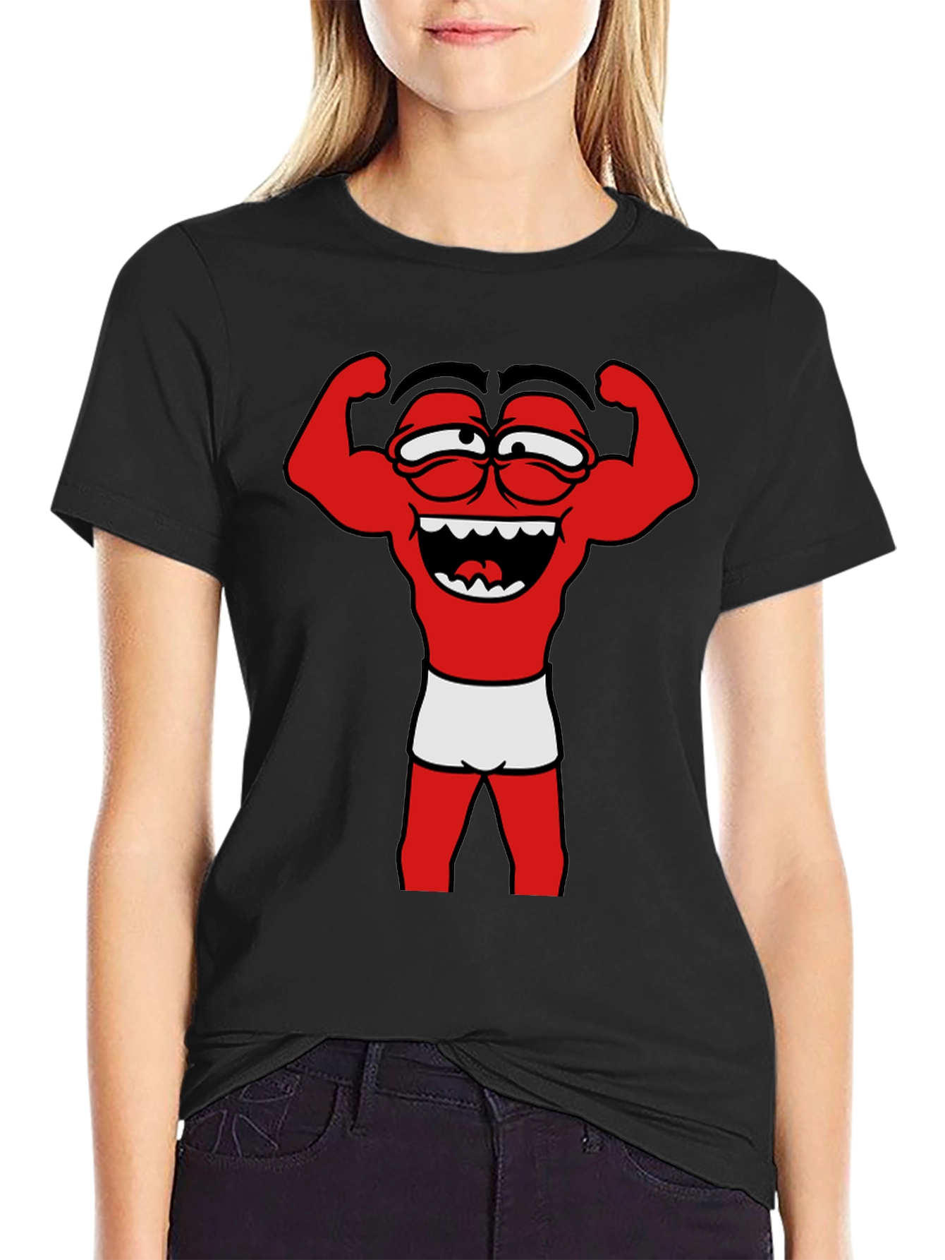 Funny Muscle Man Cartoon Graphic Tee - Black