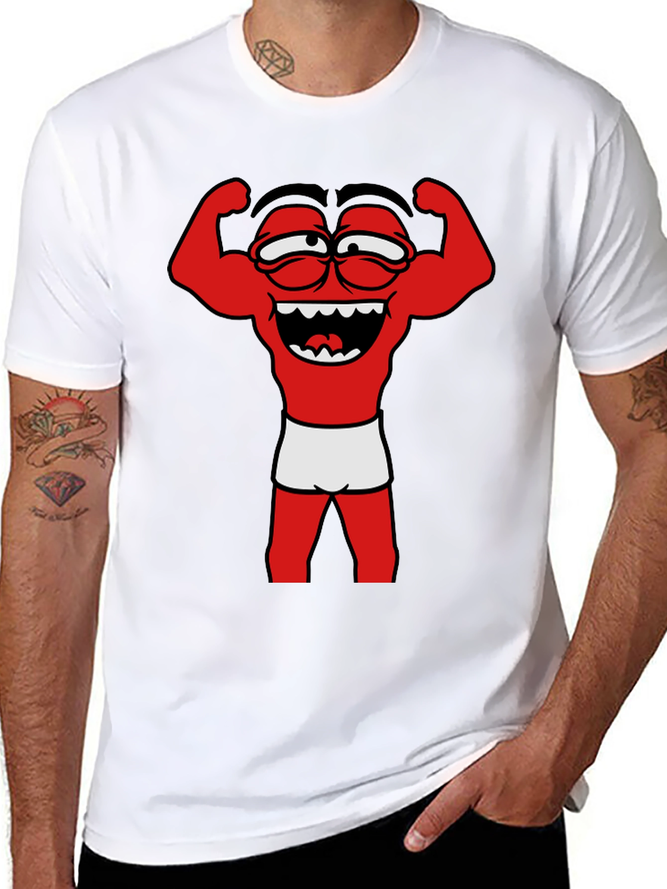 Funny Muscle Man Cartoon Graphic Tee - Black
