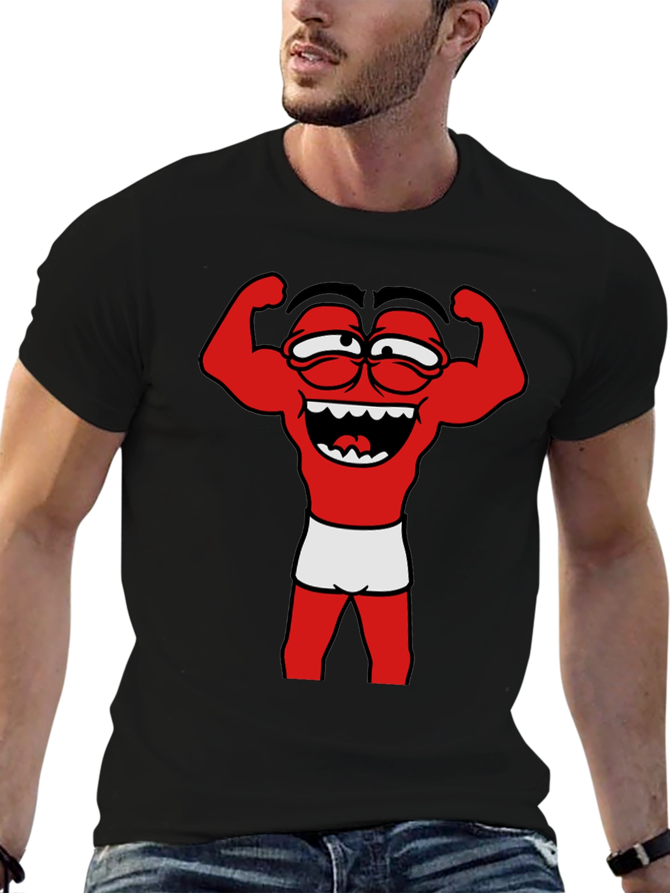 Funny Muscle Man Cartoon Graphic Tee - Black