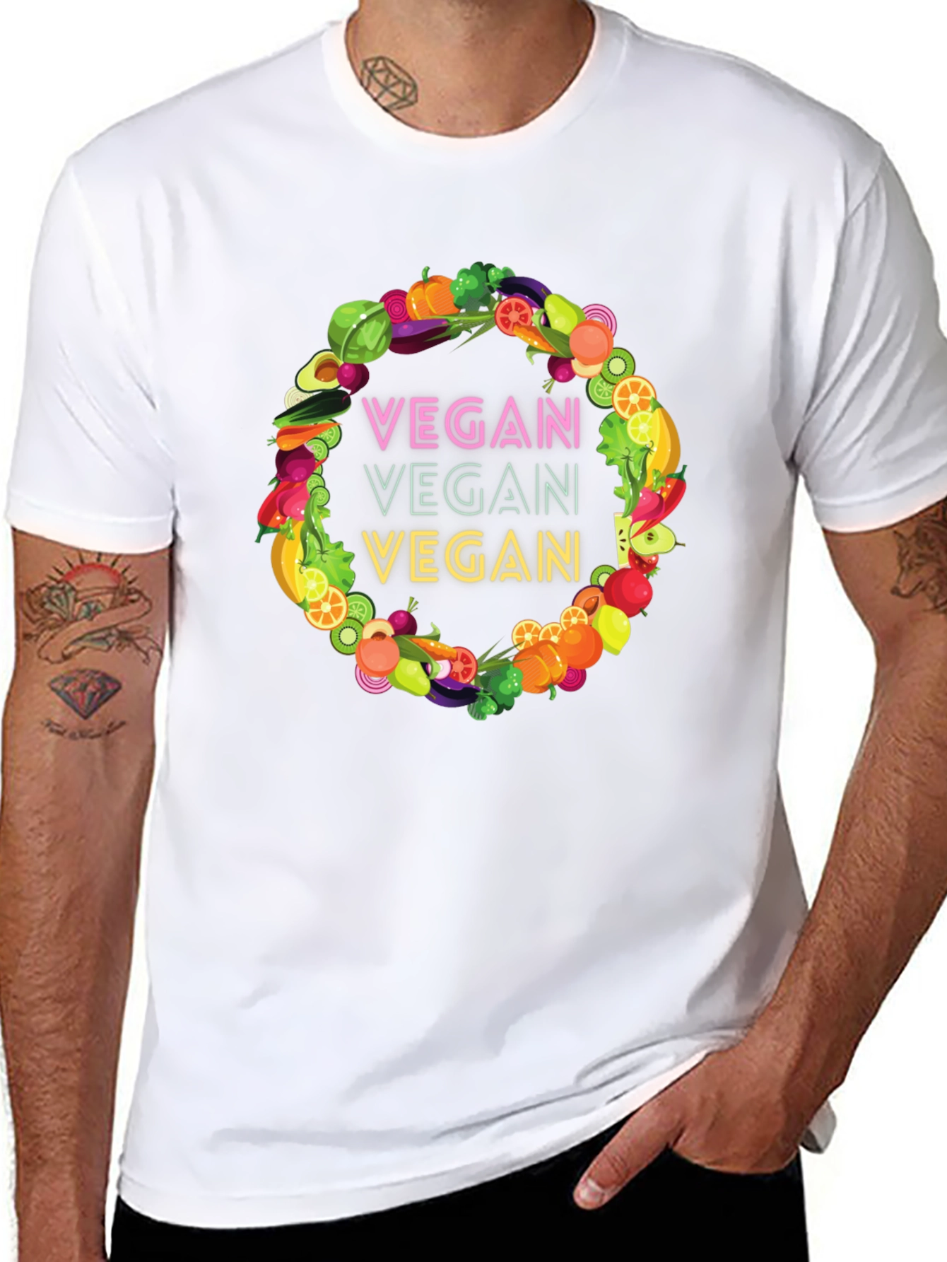 Vegan T-Shirt - Fruit and Vegetable Wreath Design