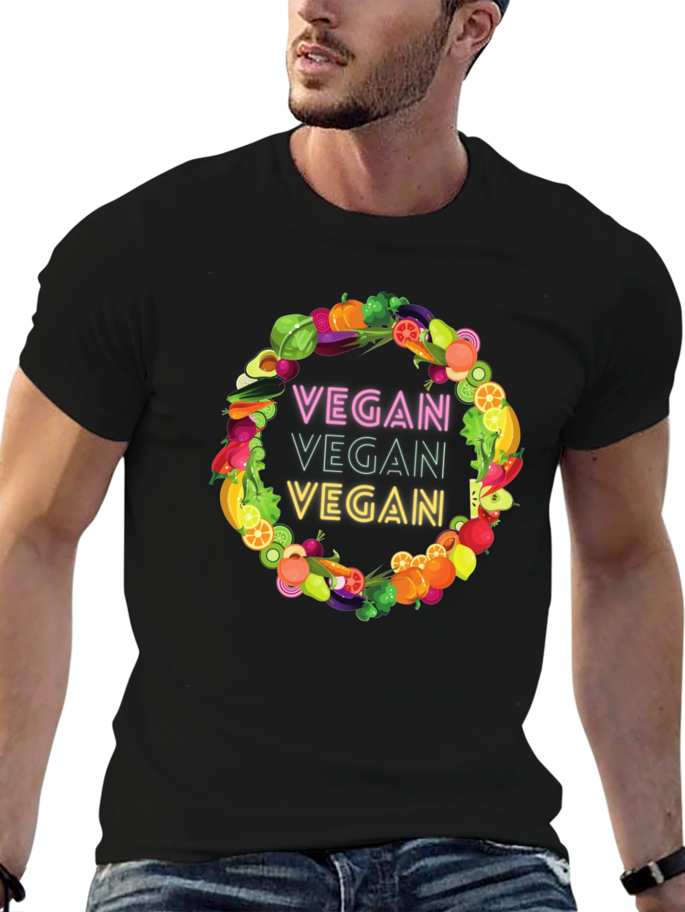 Vegan T-Shirt - Fruit and Vegetable Wreath Design