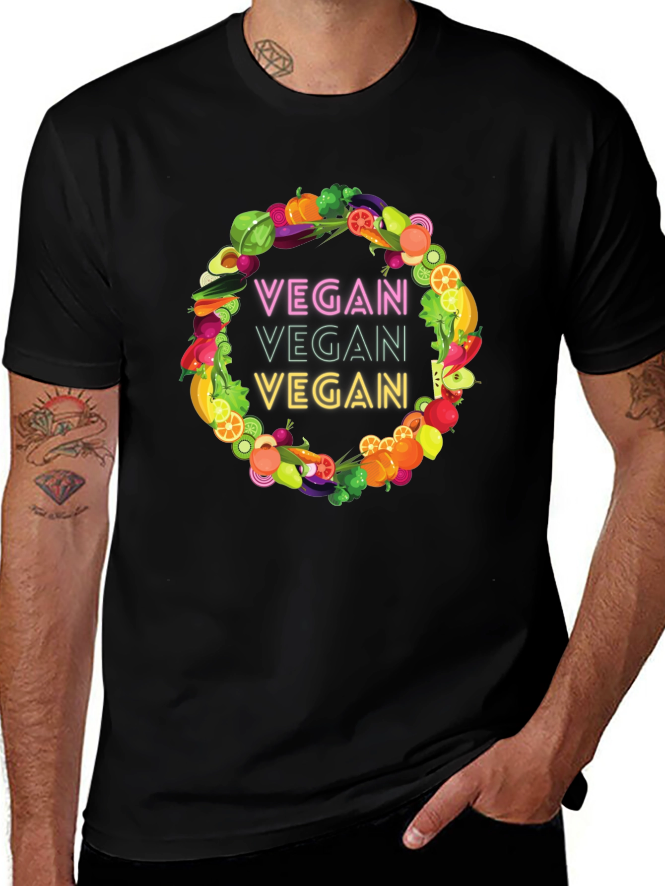 Vegan T-Shirt - Fruit and Vegetable Wreath Design