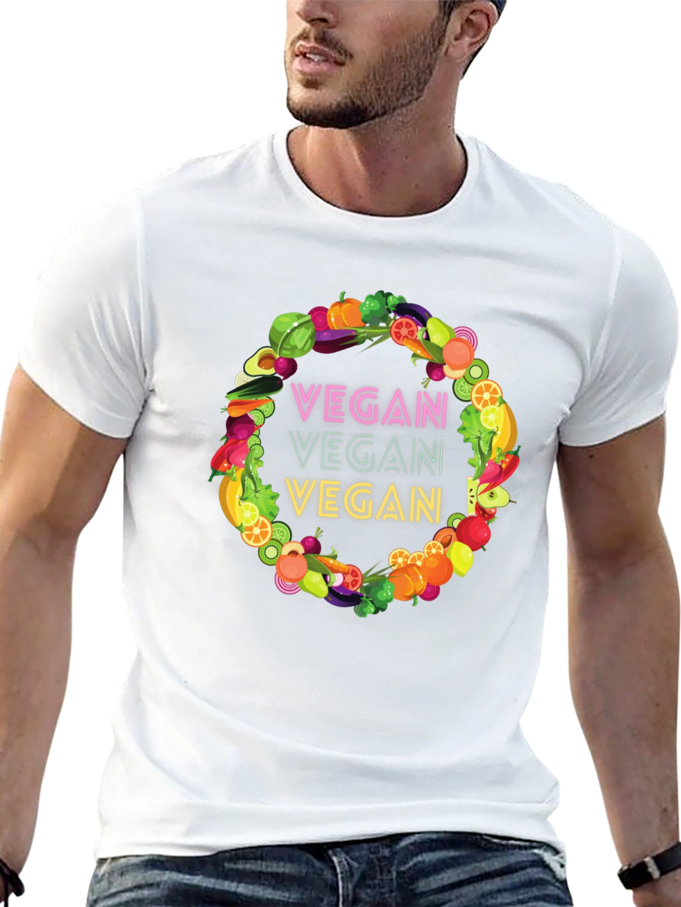 Vegan T-Shirt - Fruit and Vegetable Wreath Design