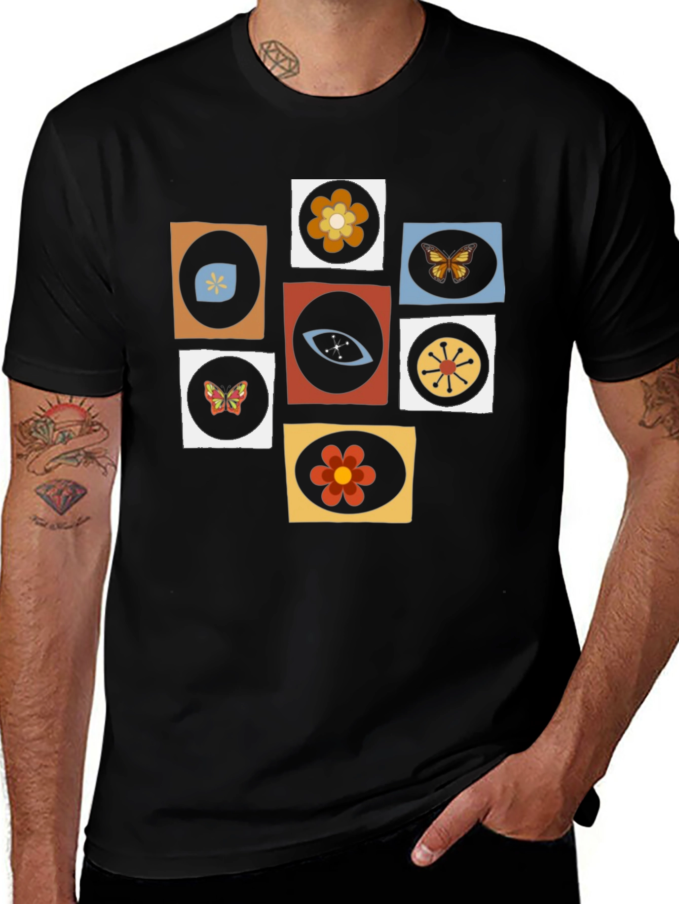 Retro Pattern Black T-Shirt - Stylish Graphic Tee