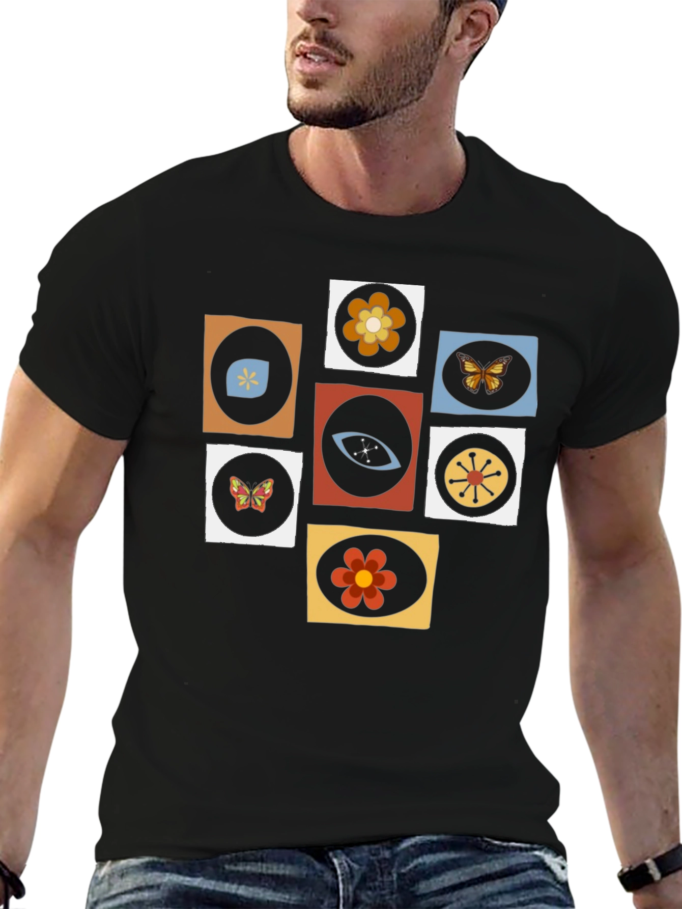 Retro Pattern Black T-Shirt - Stylish Graphic Tee