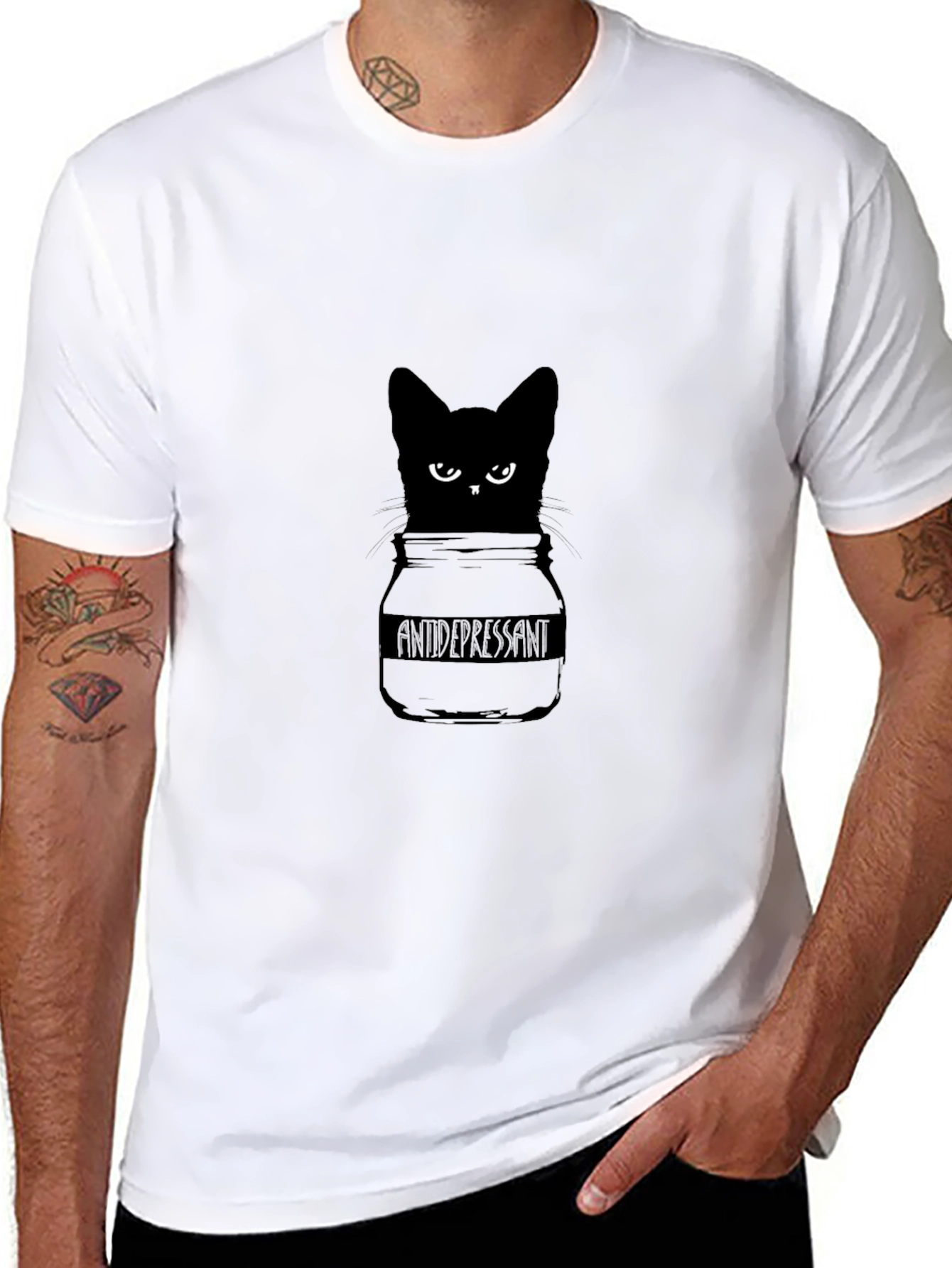 Antidepressant Cat T-Shirt - Quirky Black Cat Design