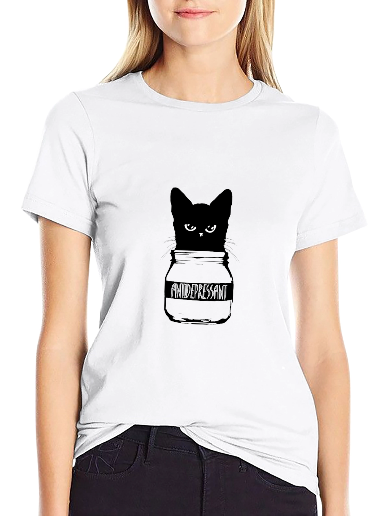 Antidepressant Cat T-Shirt - Quirky Black Cat Design