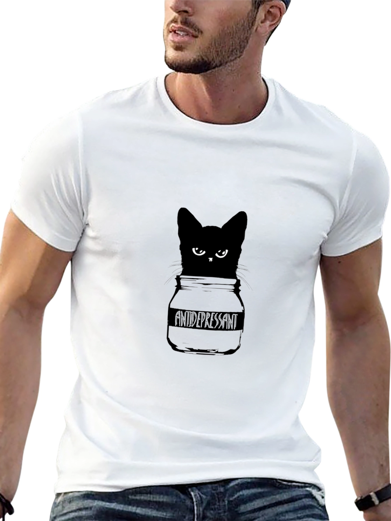 Antidepressant Cat T-Shirt - Quirky Black Cat Design