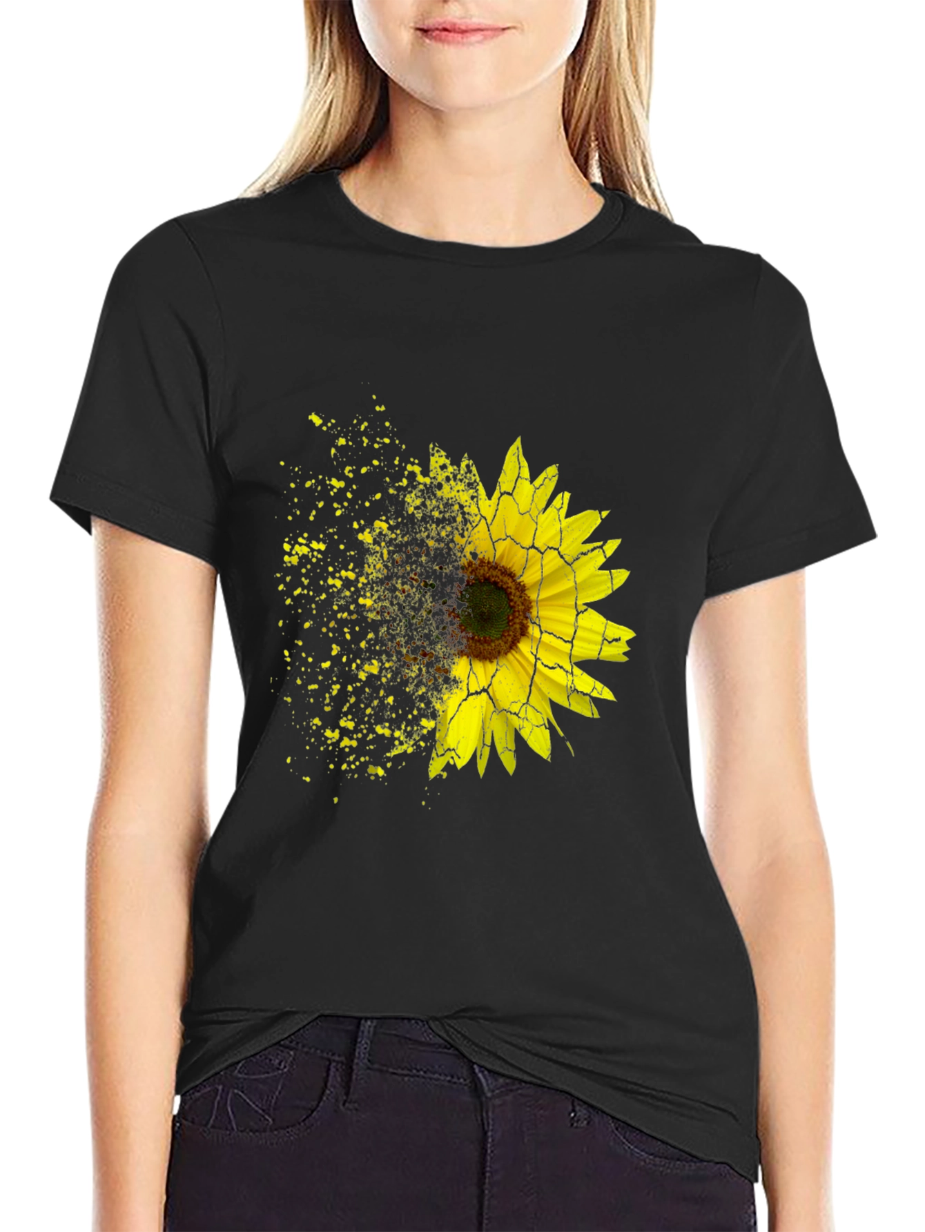 Sunflower Shatter Print Black T-Shirt