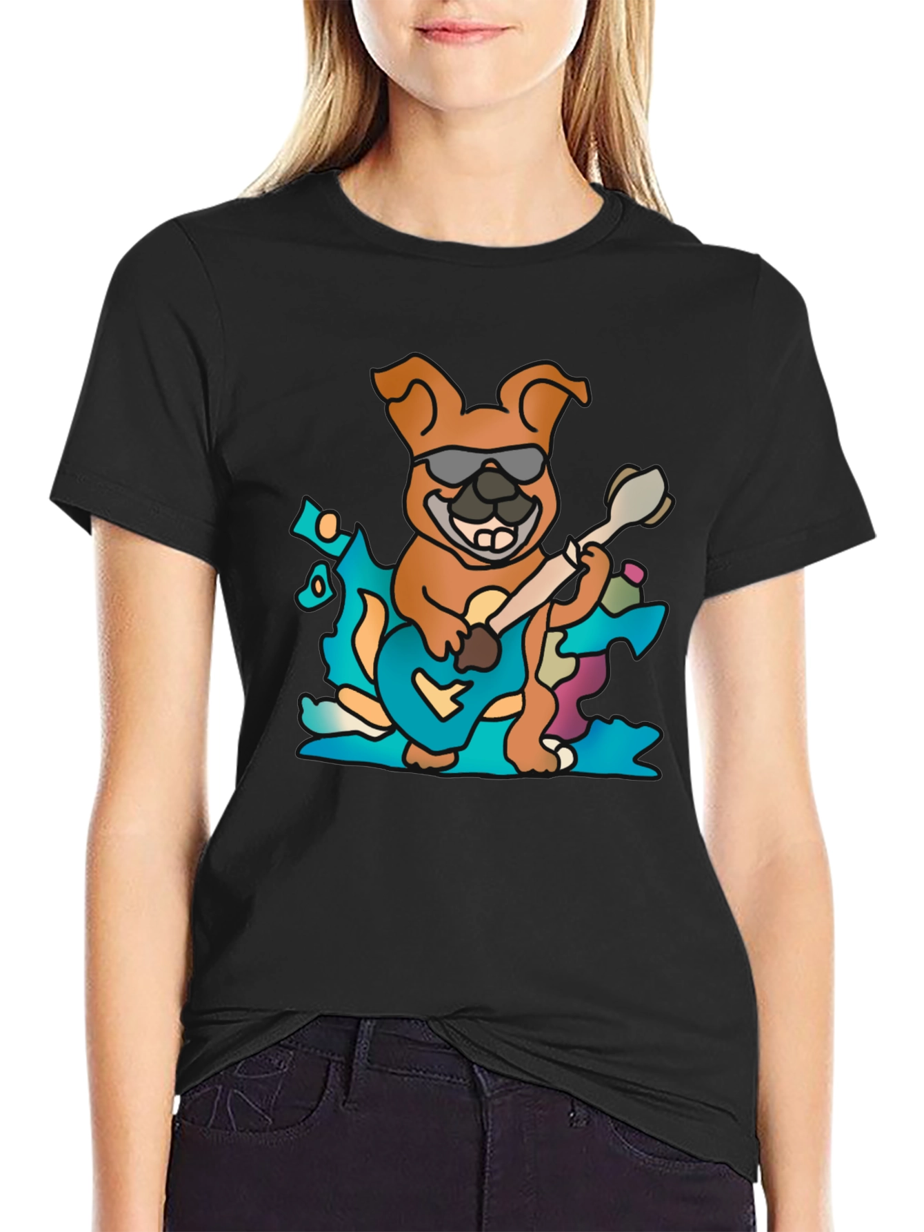 Cool Dog Guitarist Black T-Shirt