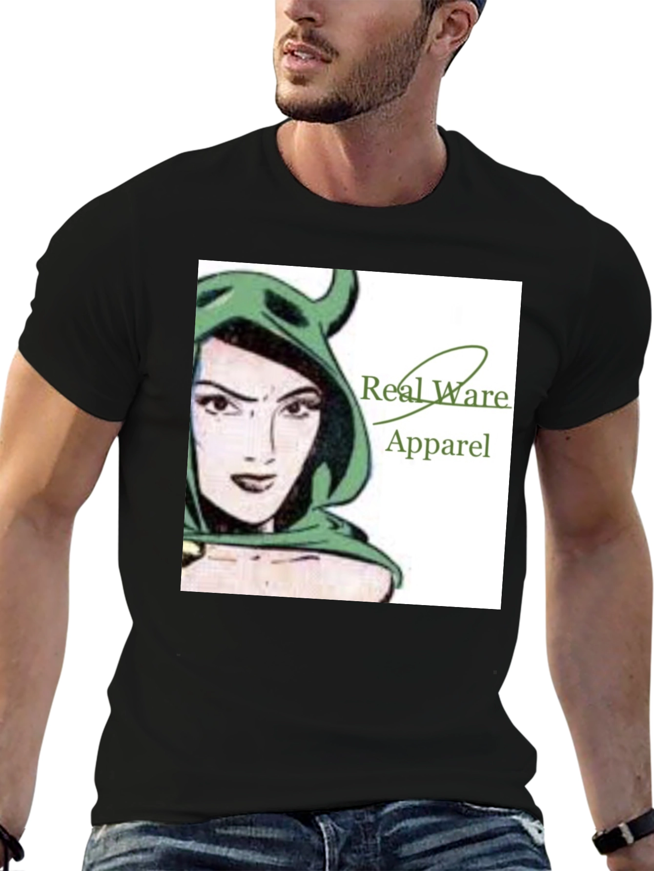 Real Ware Apparel Black T-Shirt with Woman Graphic