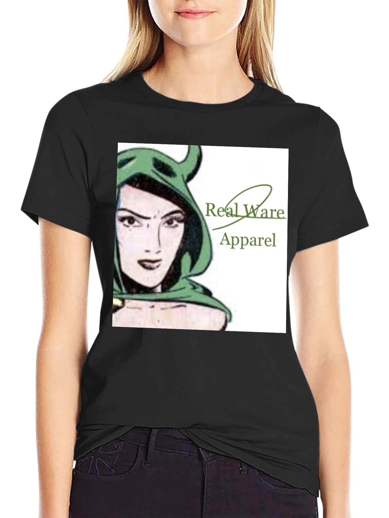 Real Ware Apparel Black T-Shirt with Woman Graphic