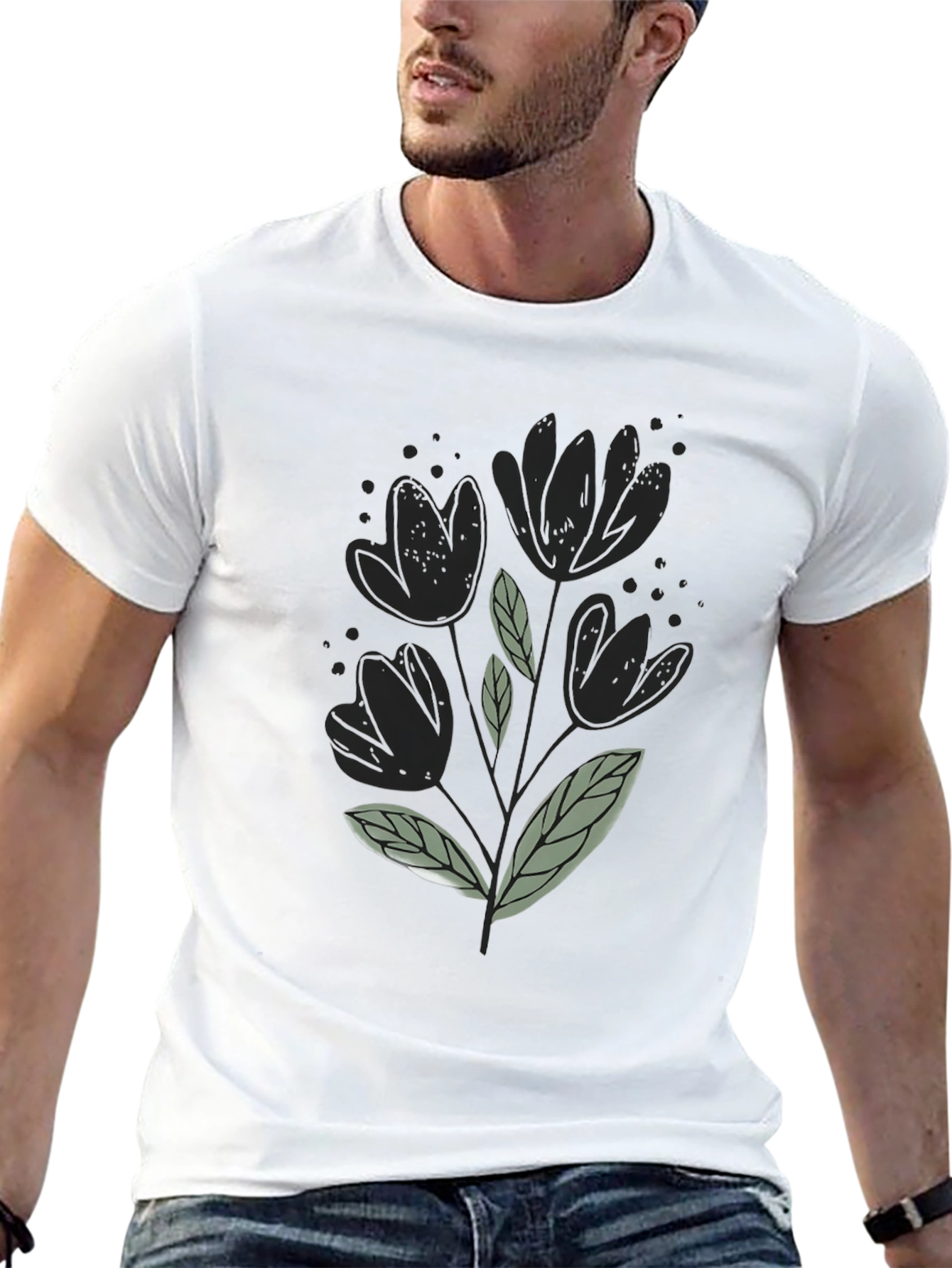 Black T-Shirt with Floral Design