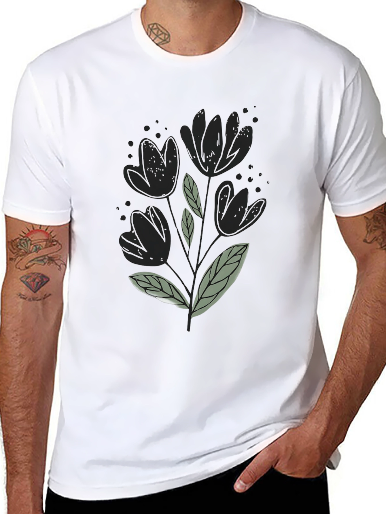 Black T-Shirt with Floral Design