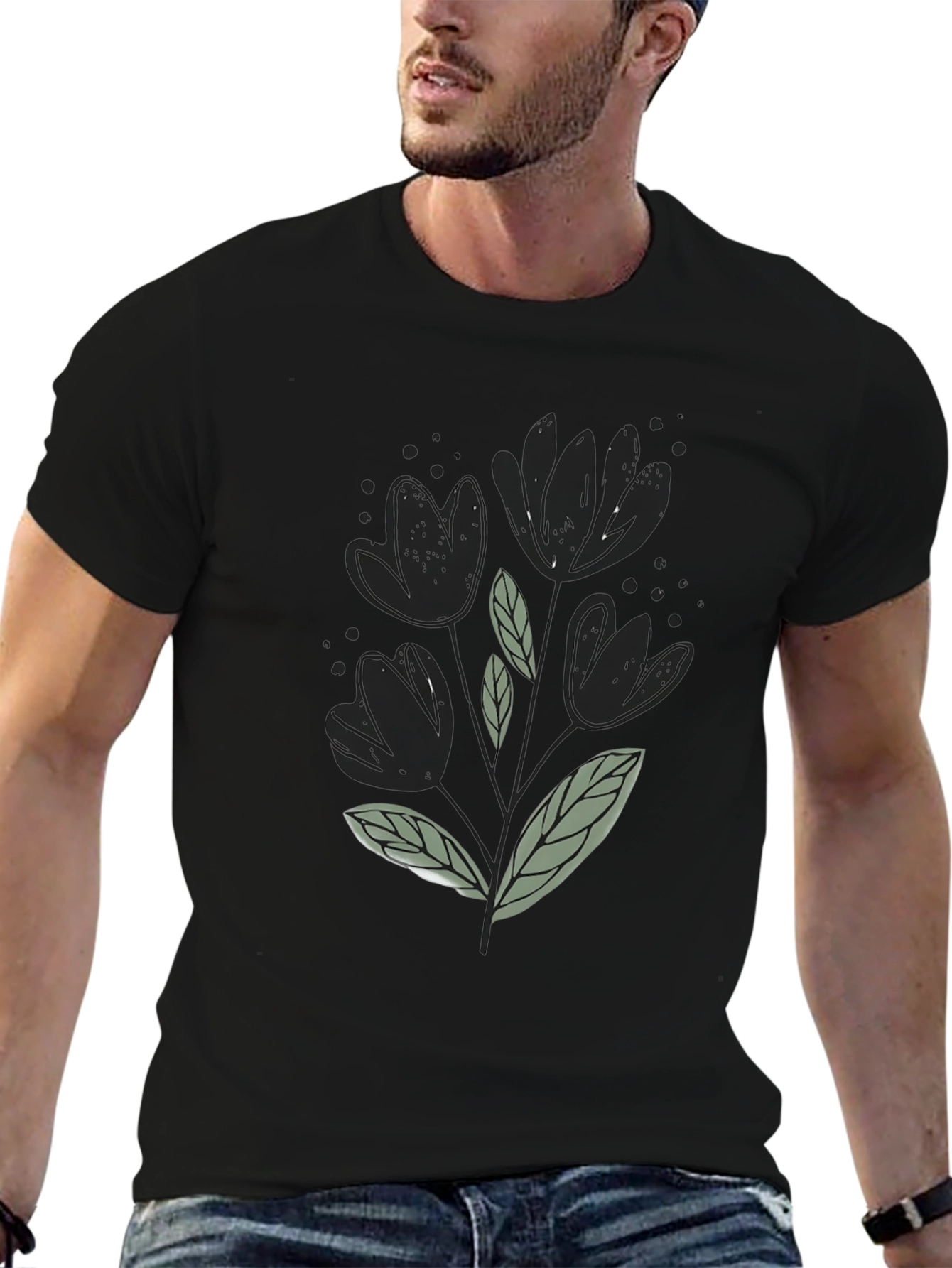 Black T-Shirt with Floral Design