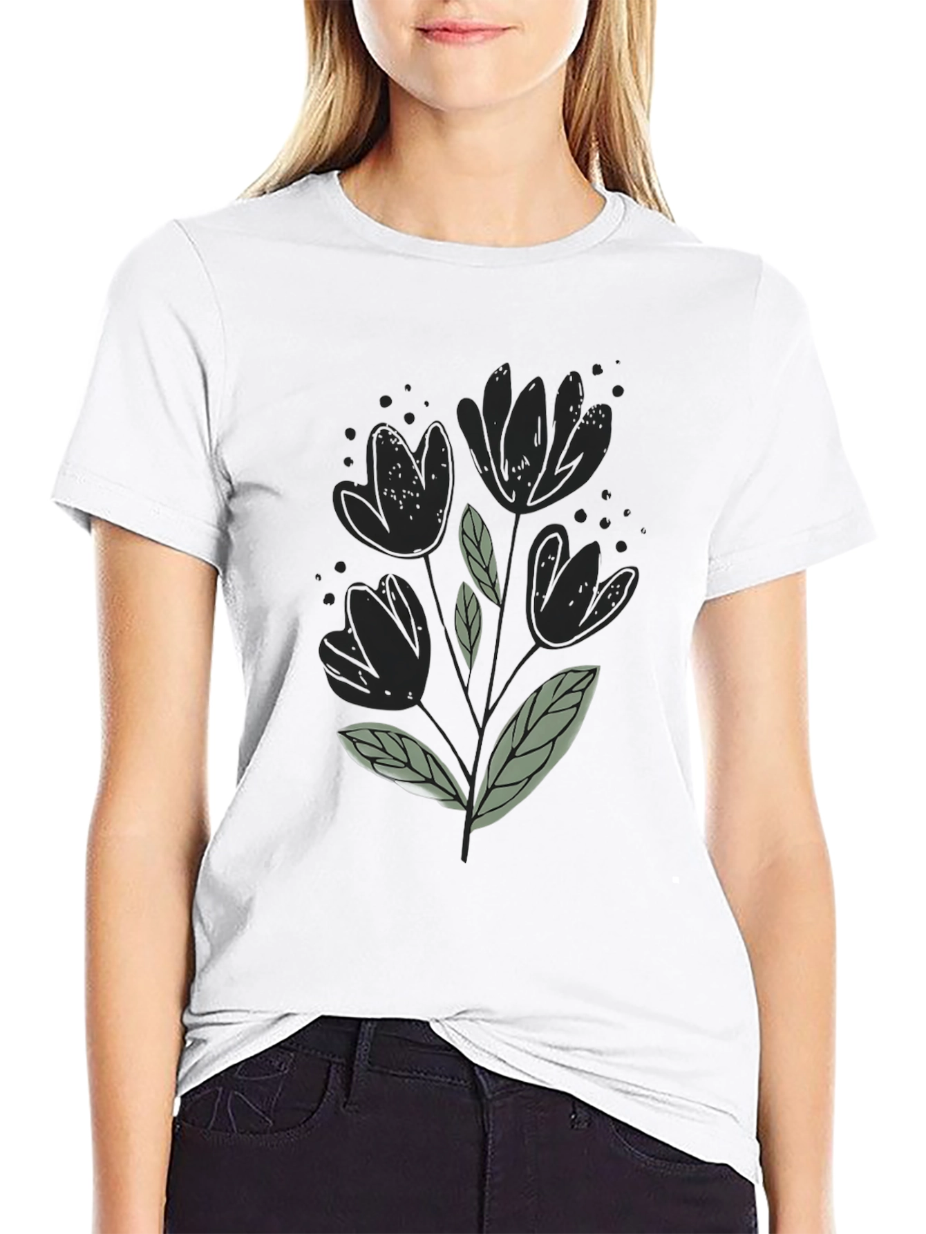 Black T-Shirt with Floral Design