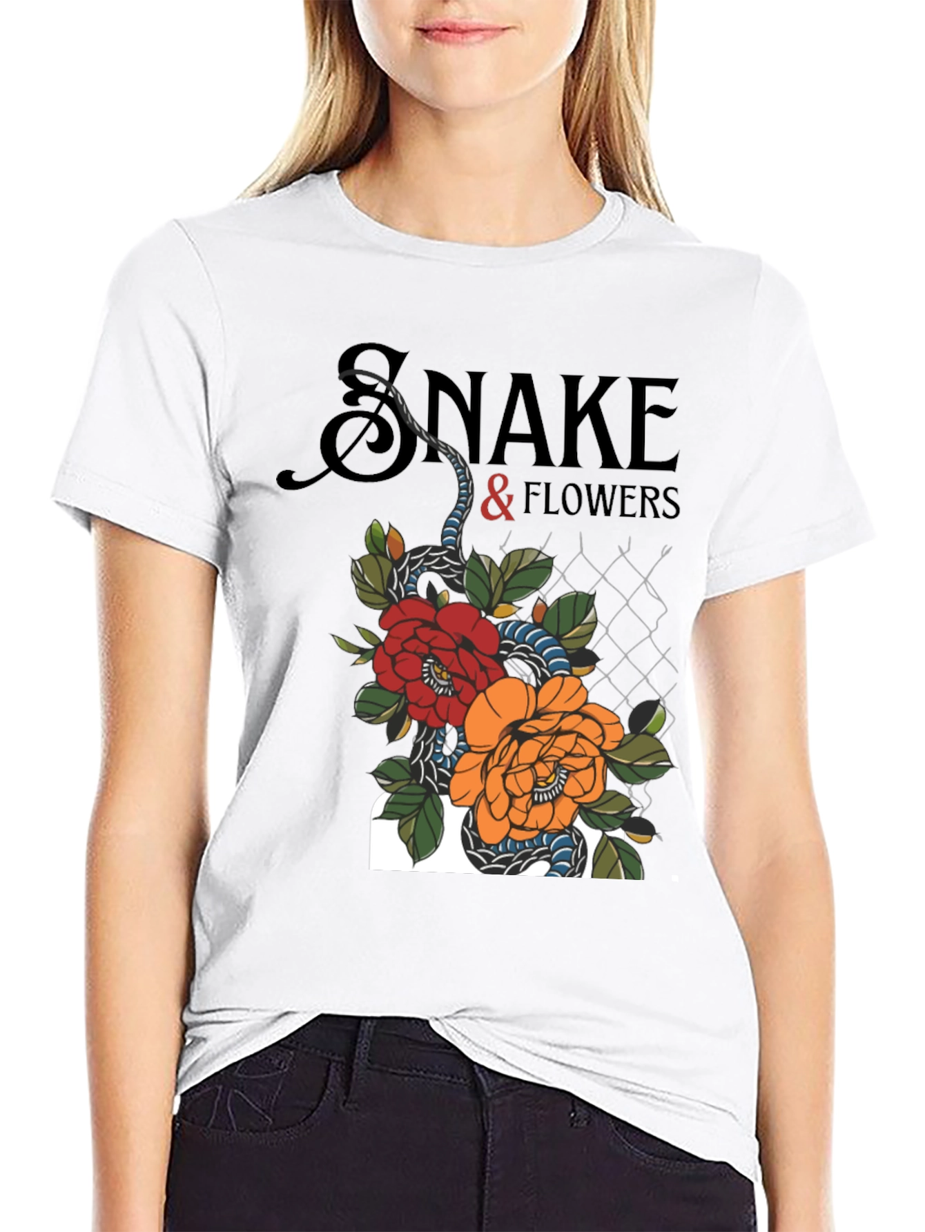 Snake & Flowers Graphic Tee - Black Cotton T-Shirt