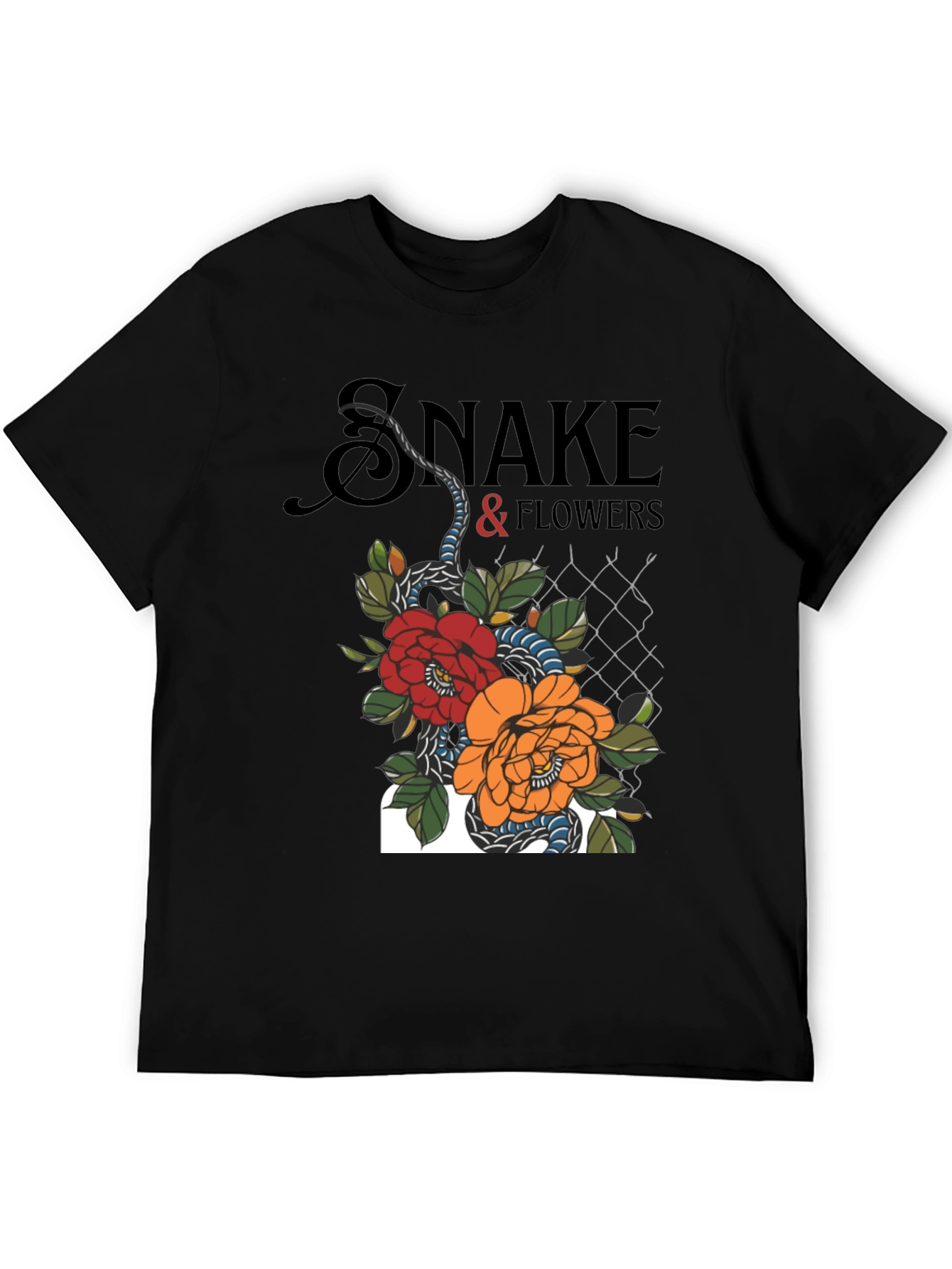 Snake & Flowers Graphic Tee - Black Cotton T-Shirt