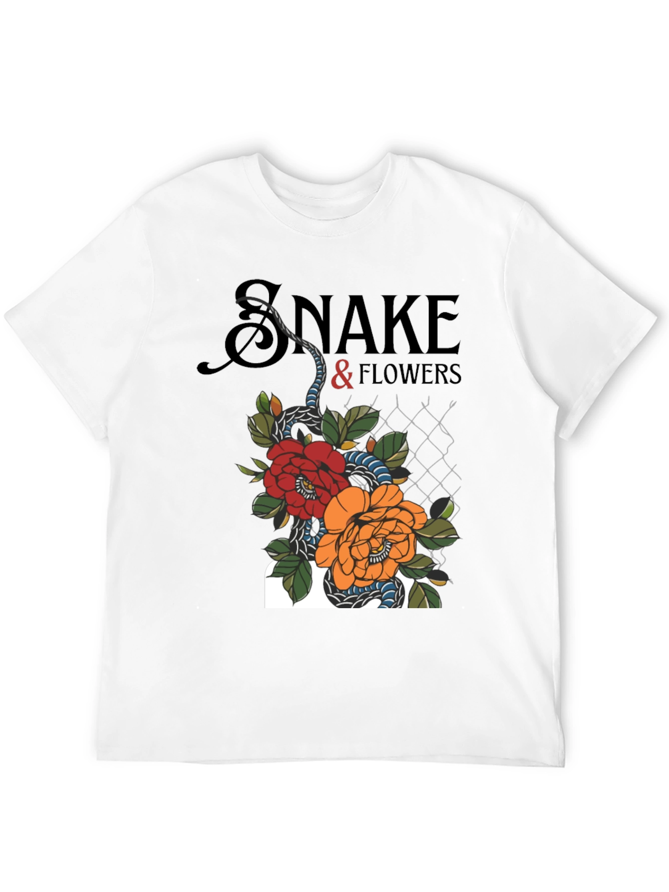 Snake & Flowers Graphic Tee - Black Cotton T-Shirt