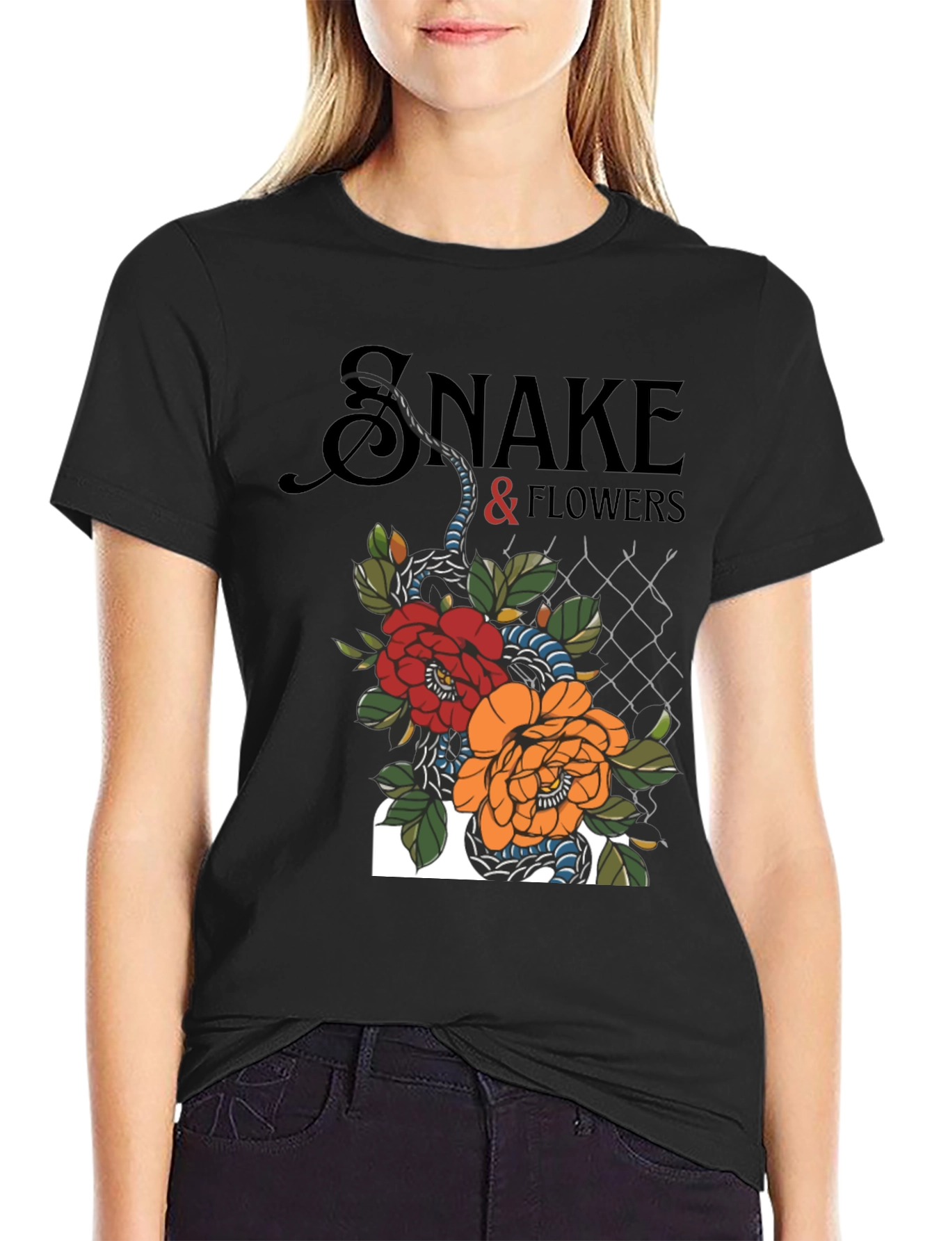 Snake & Flowers Graphic Tee - Black Cotton T-Shirt