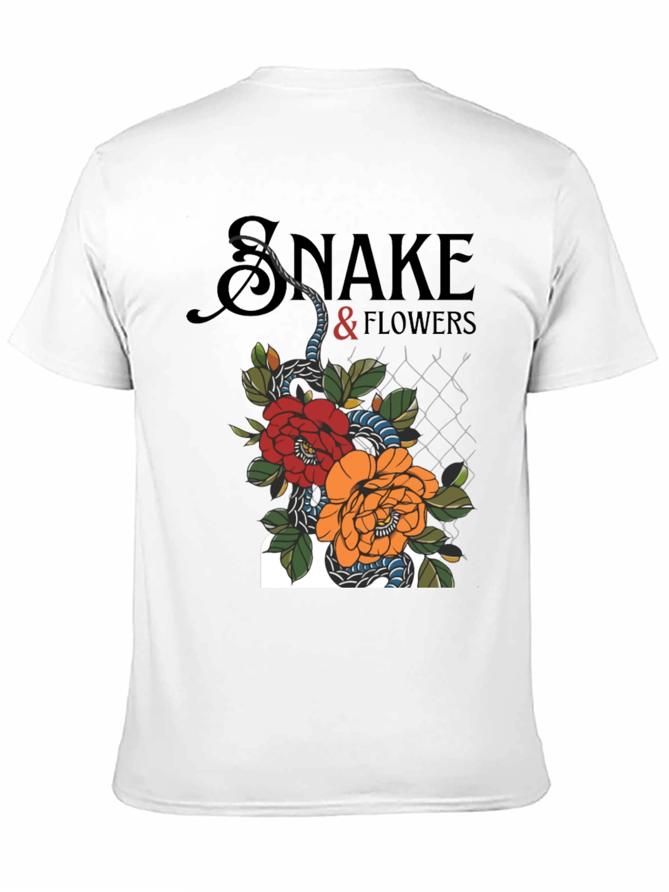 Snake & Flowers Graphic Tee - Black Cotton T-Shirt