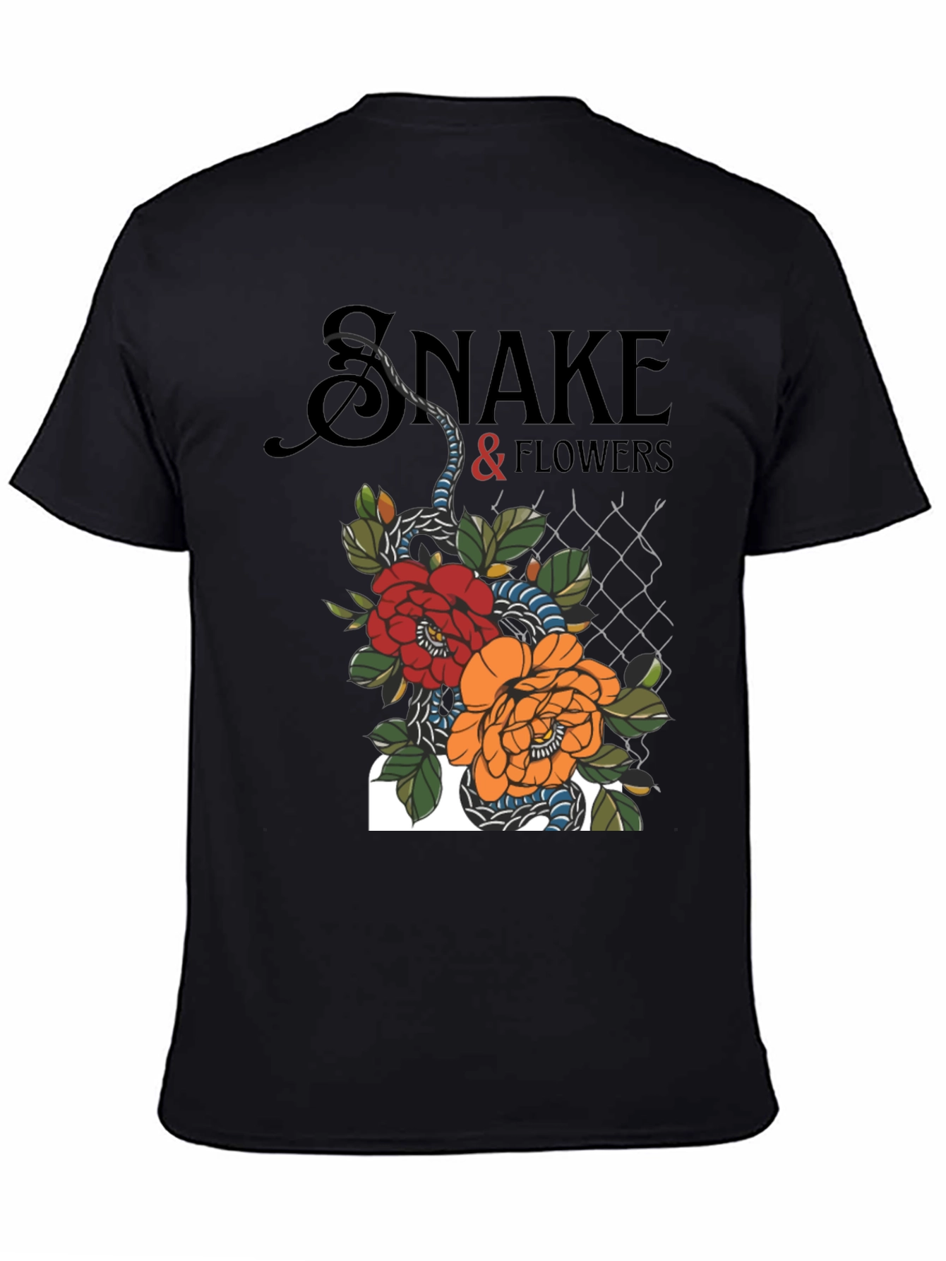 Snake & Flowers Graphic Tee - Black Cotton T-Shirt