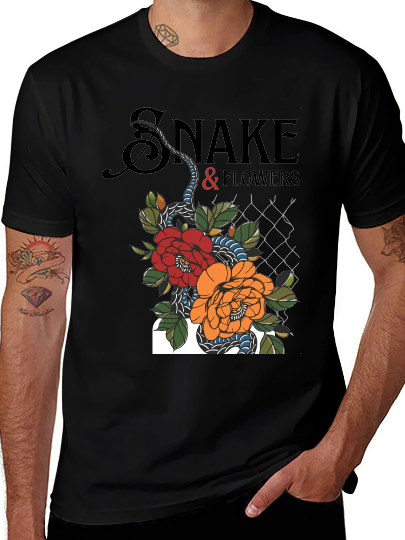 Snake & Flowers Graphic Tee - Black Cotton T-Shirt