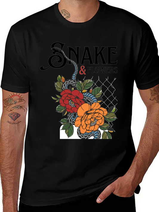 Snake & Flowers Graphic Tee - Black Cotton T-Shirt