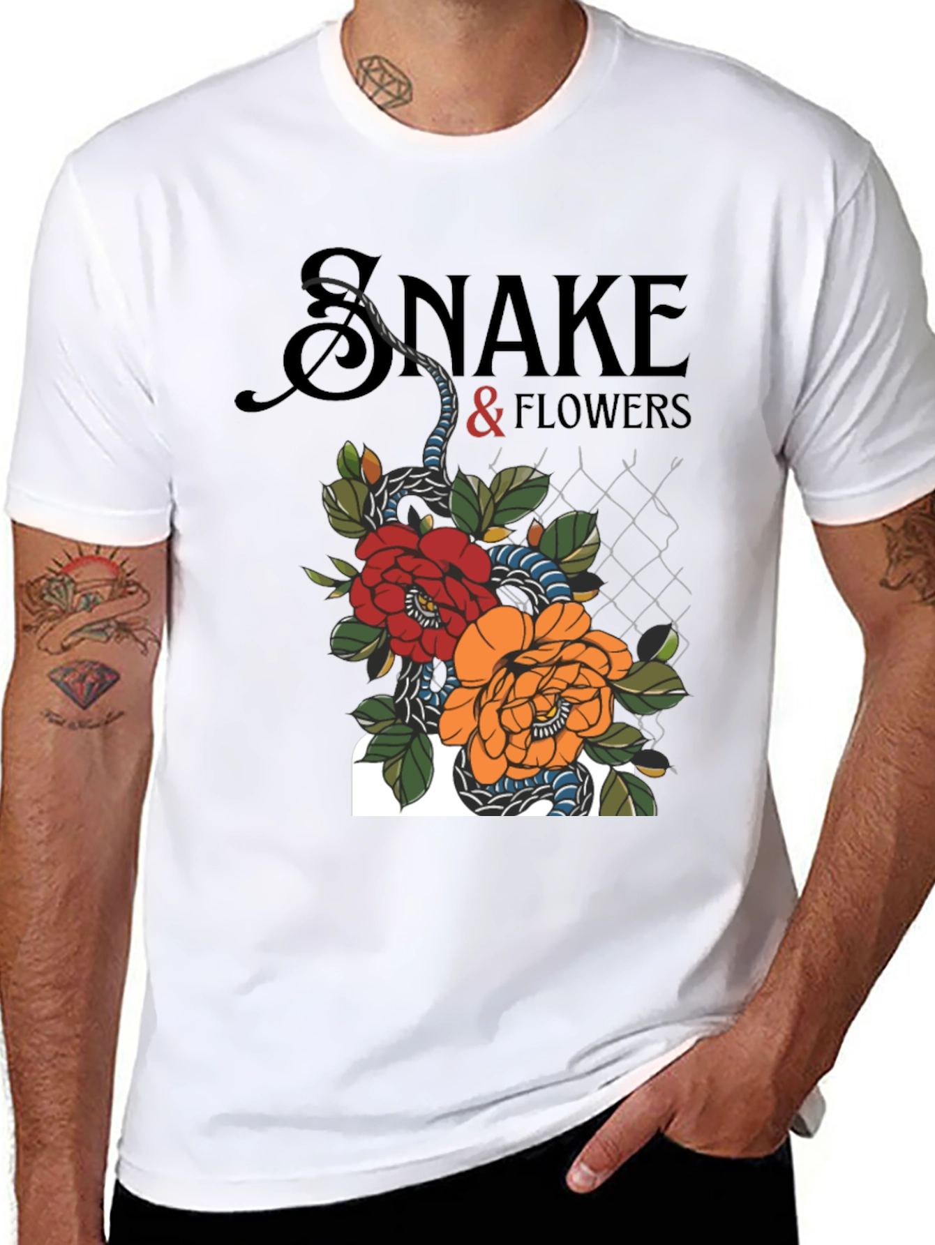 Snake & Flowers Graphic Tee - Black Cotton T-Shirt