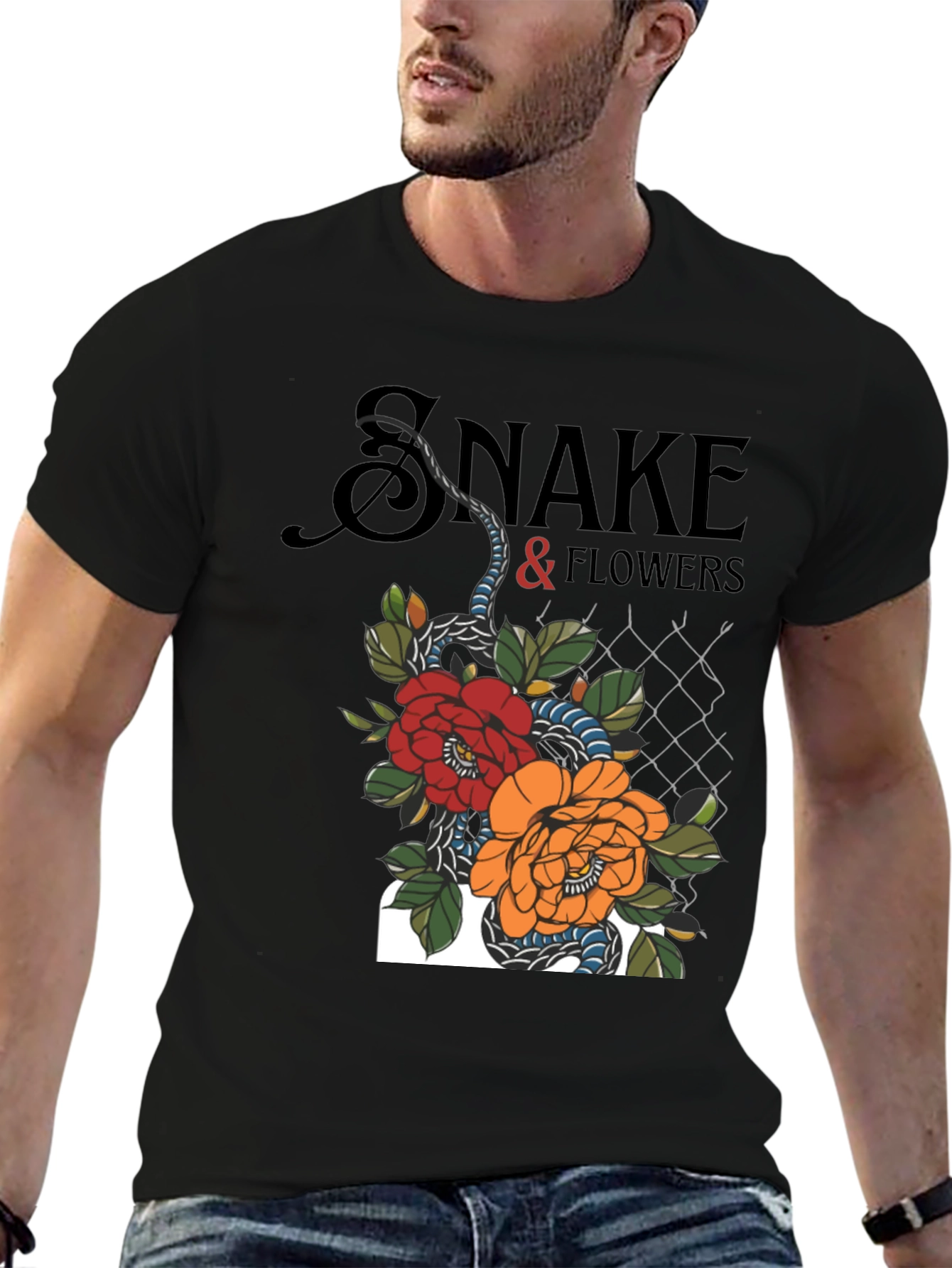 Snake & Flowers Graphic Tee - Black Cotton T-Shirt