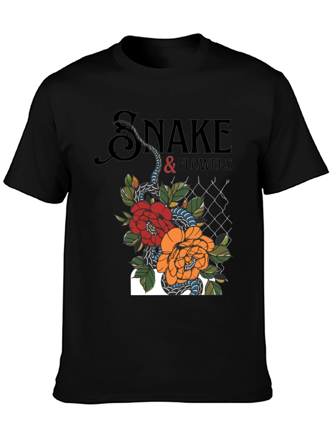 Snake & Flowers Graphic Tee - Black Cotton T-Shirt