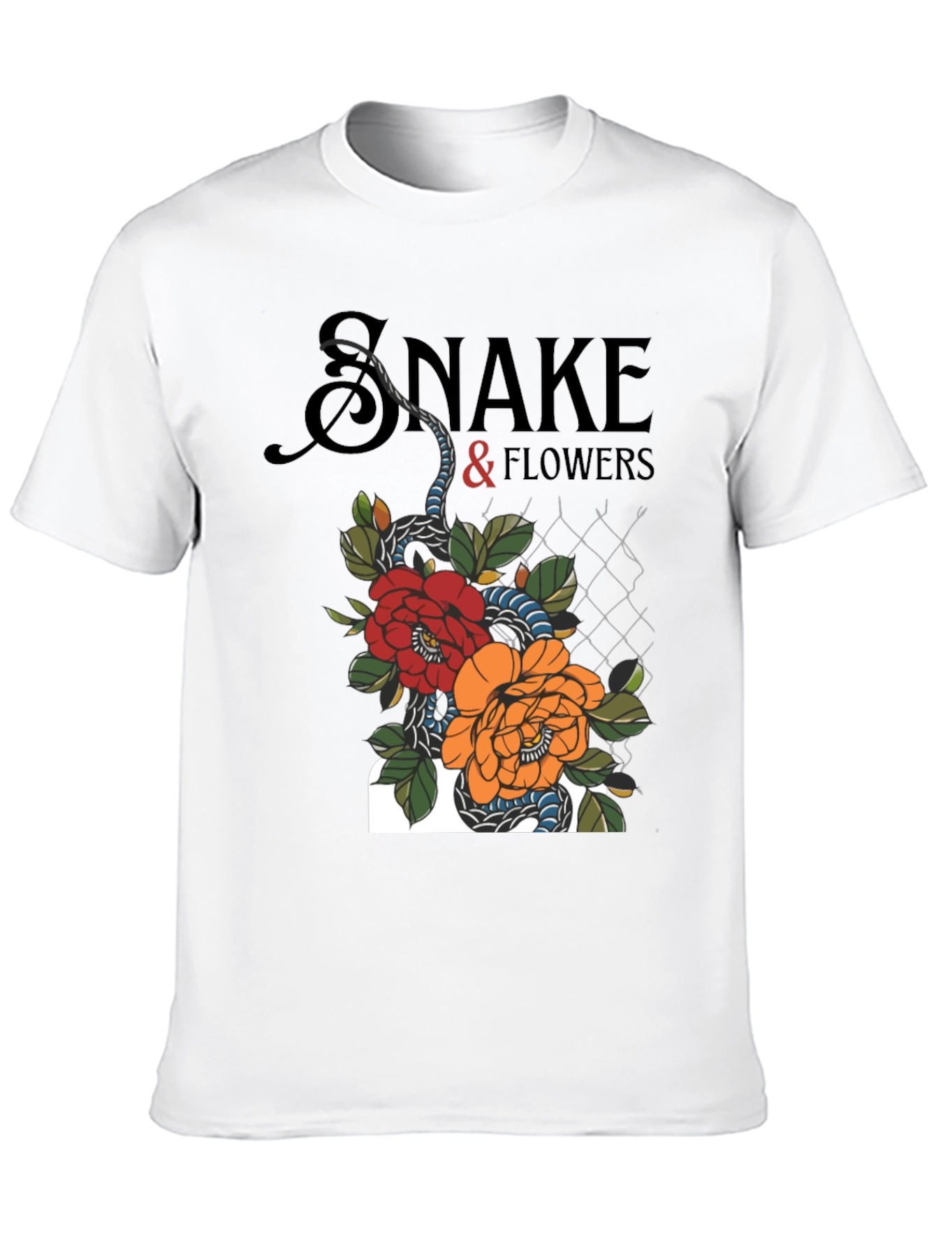 Snake & Flowers Graphic Tee - Black Cotton T-Shirt