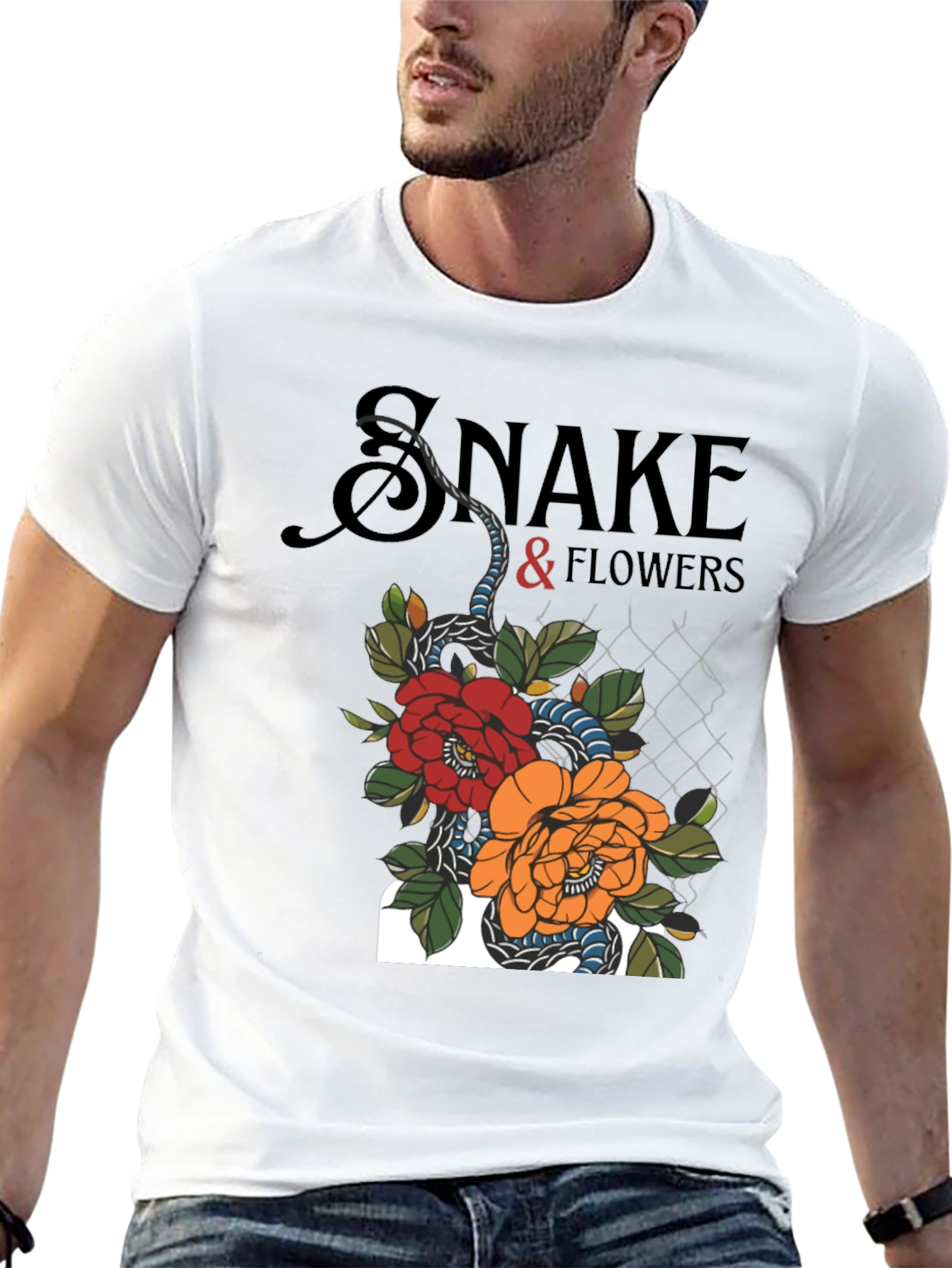Snake & Flowers Graphic Tee - Black Cotton T-Shirt