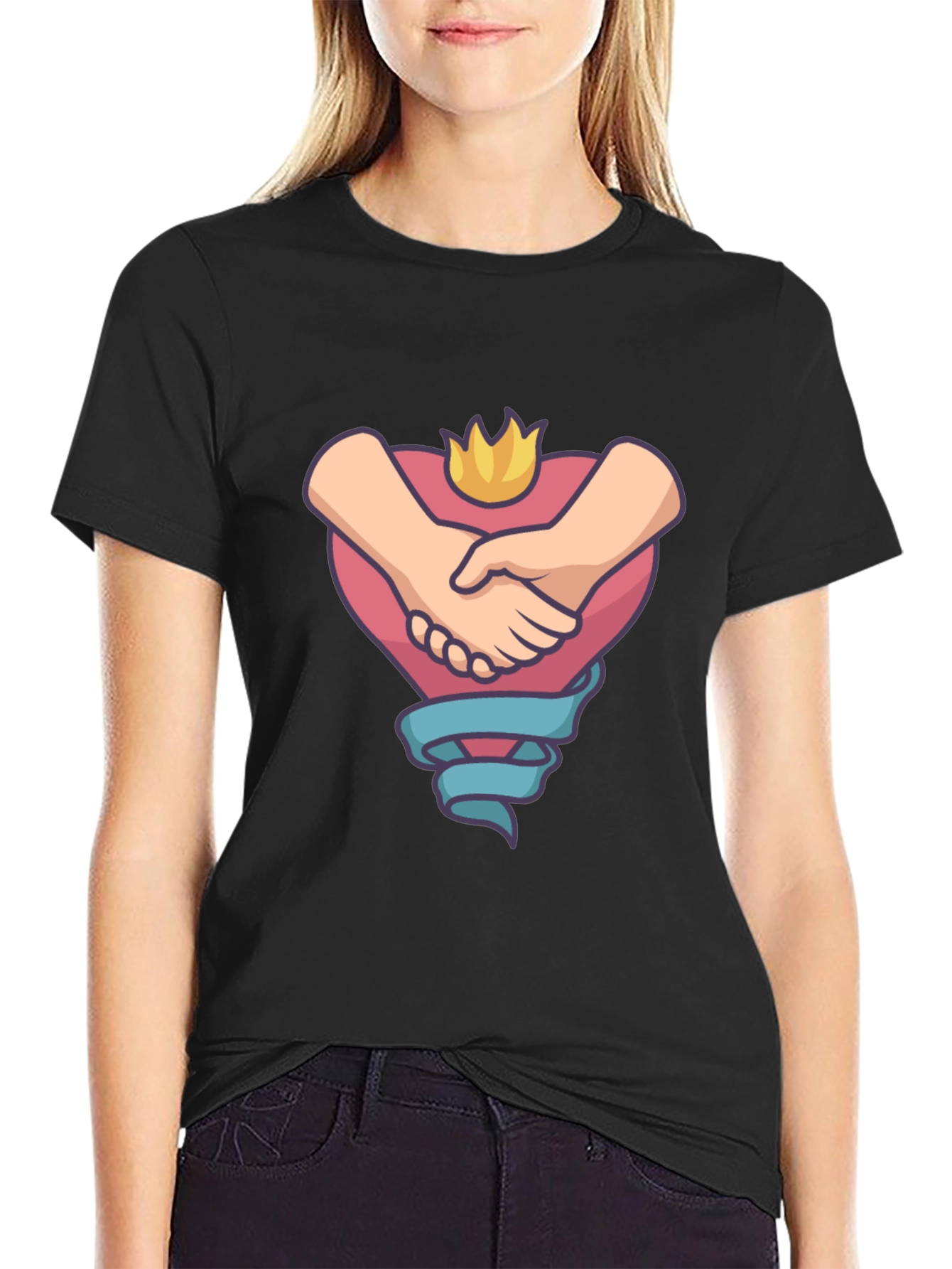 Heartfelt Handshake Graphic Tee - Black Casual Shirt
