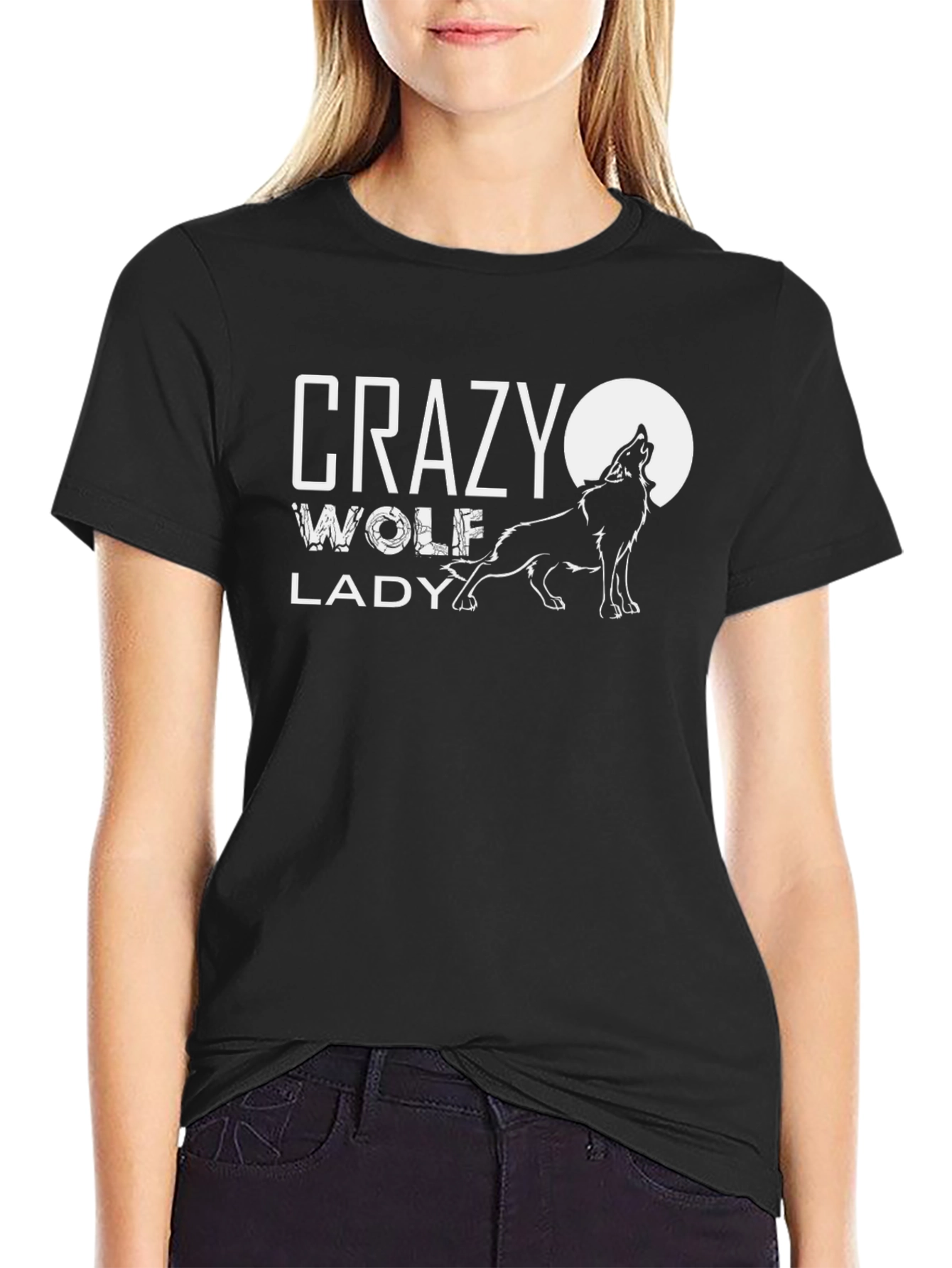 Crazy Wolf Lady Black Graphic Tee