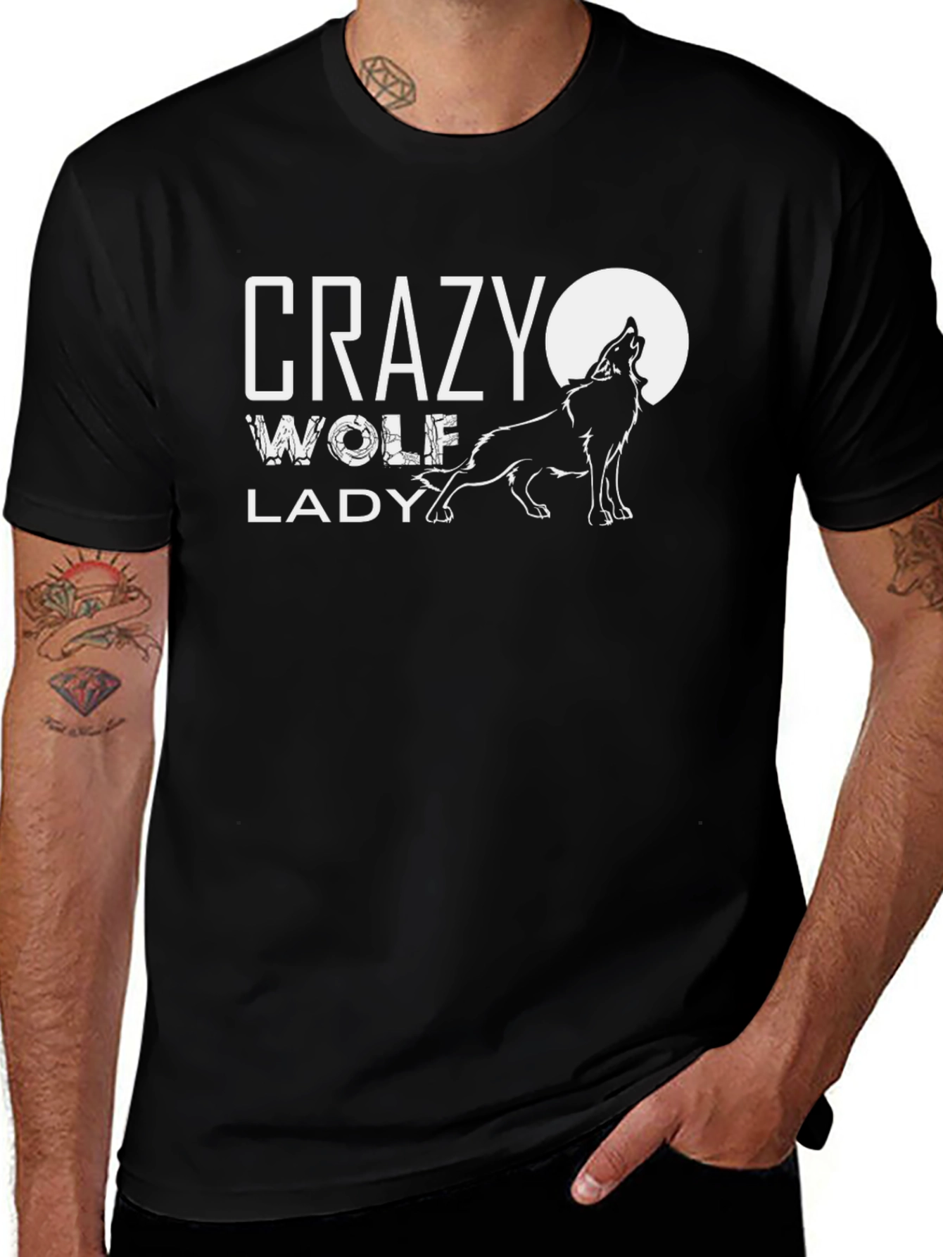 Crazy Wolf Lady Black Graphic Tee