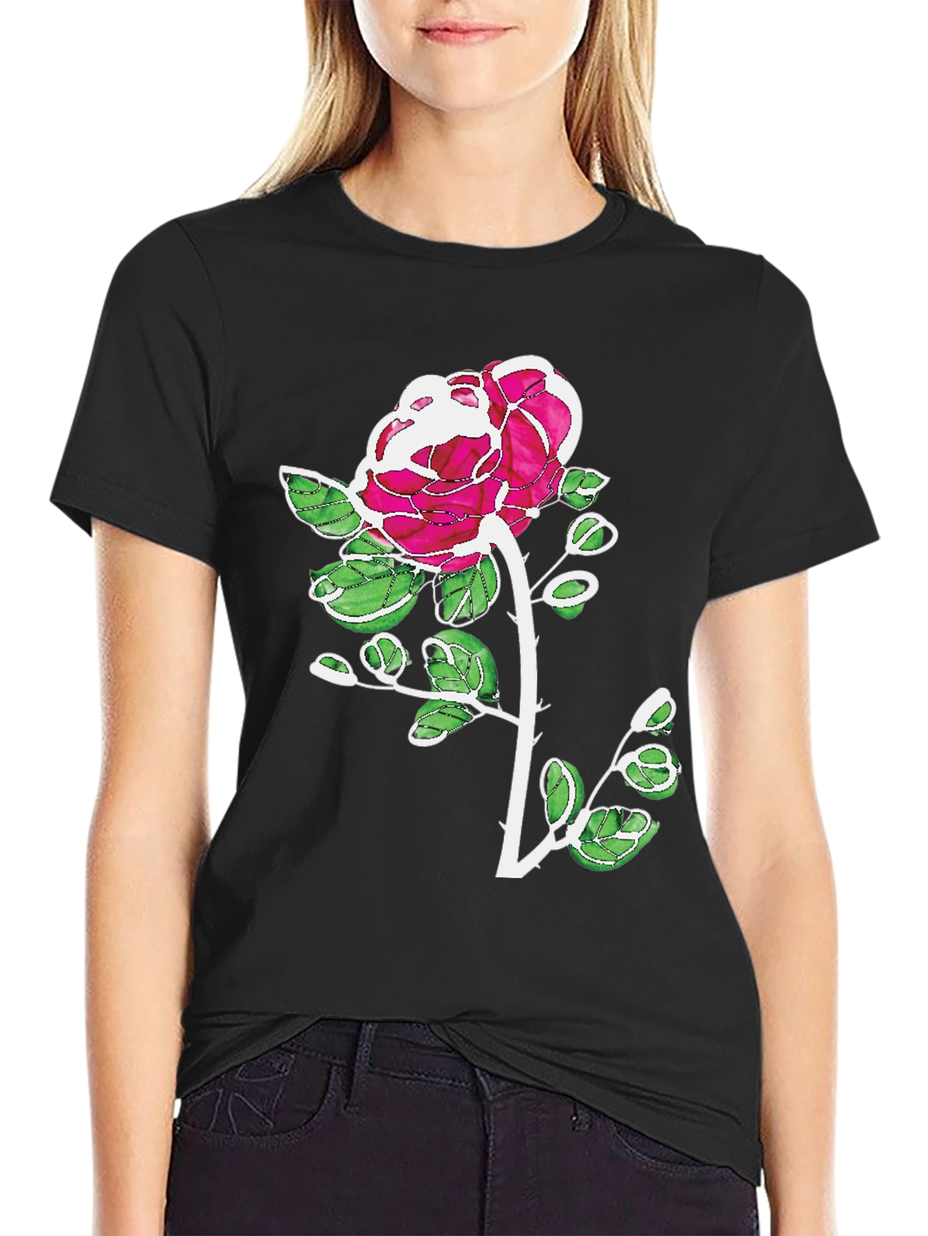 Floral Rose Graphic Print Black Casual T-Shirt