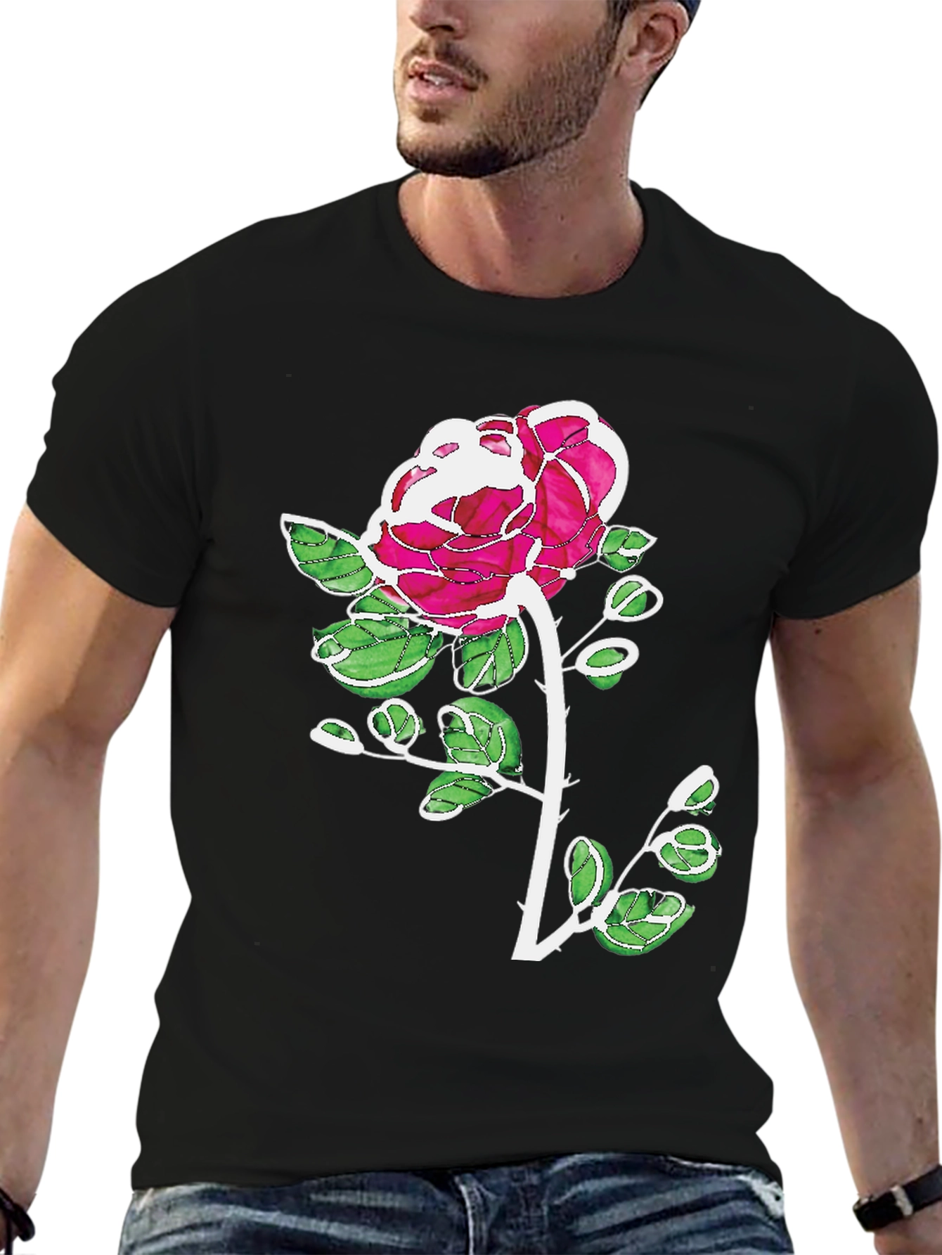 Floral Rose Graphic Print Black Casual T-Shirt
