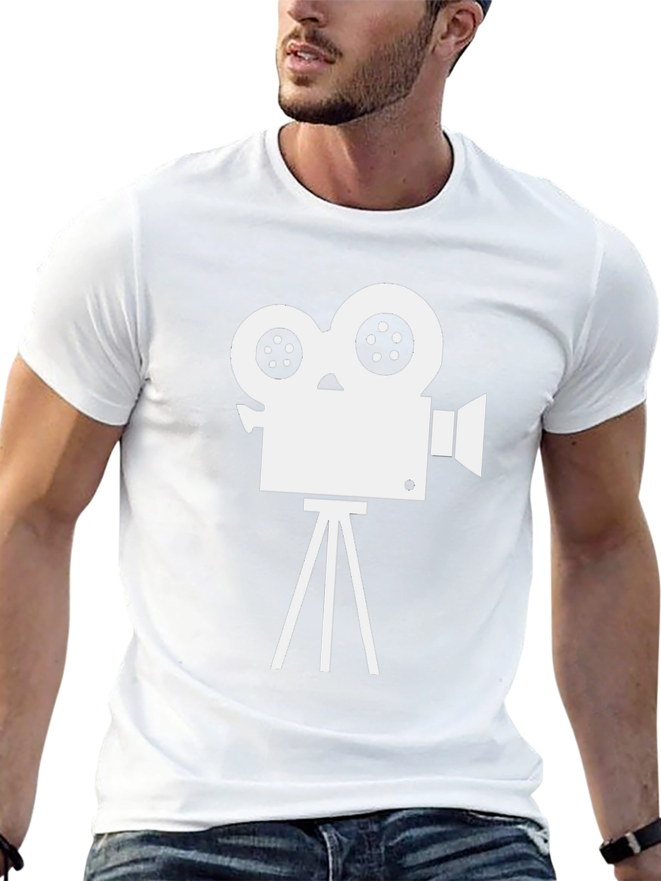 Retro Movie Camera Graphic Tee - Black Cotton Blend