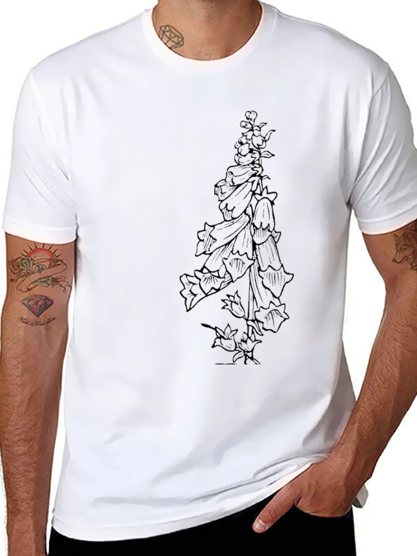 Floral Line Art Black T-Shirt
