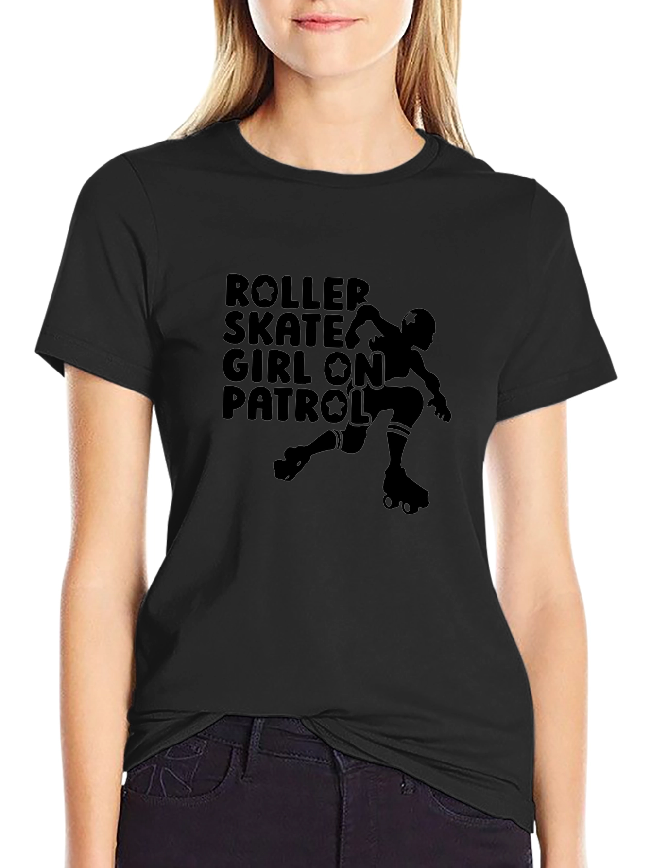 Roller Skate Girl On Patrol Black T-Shirt