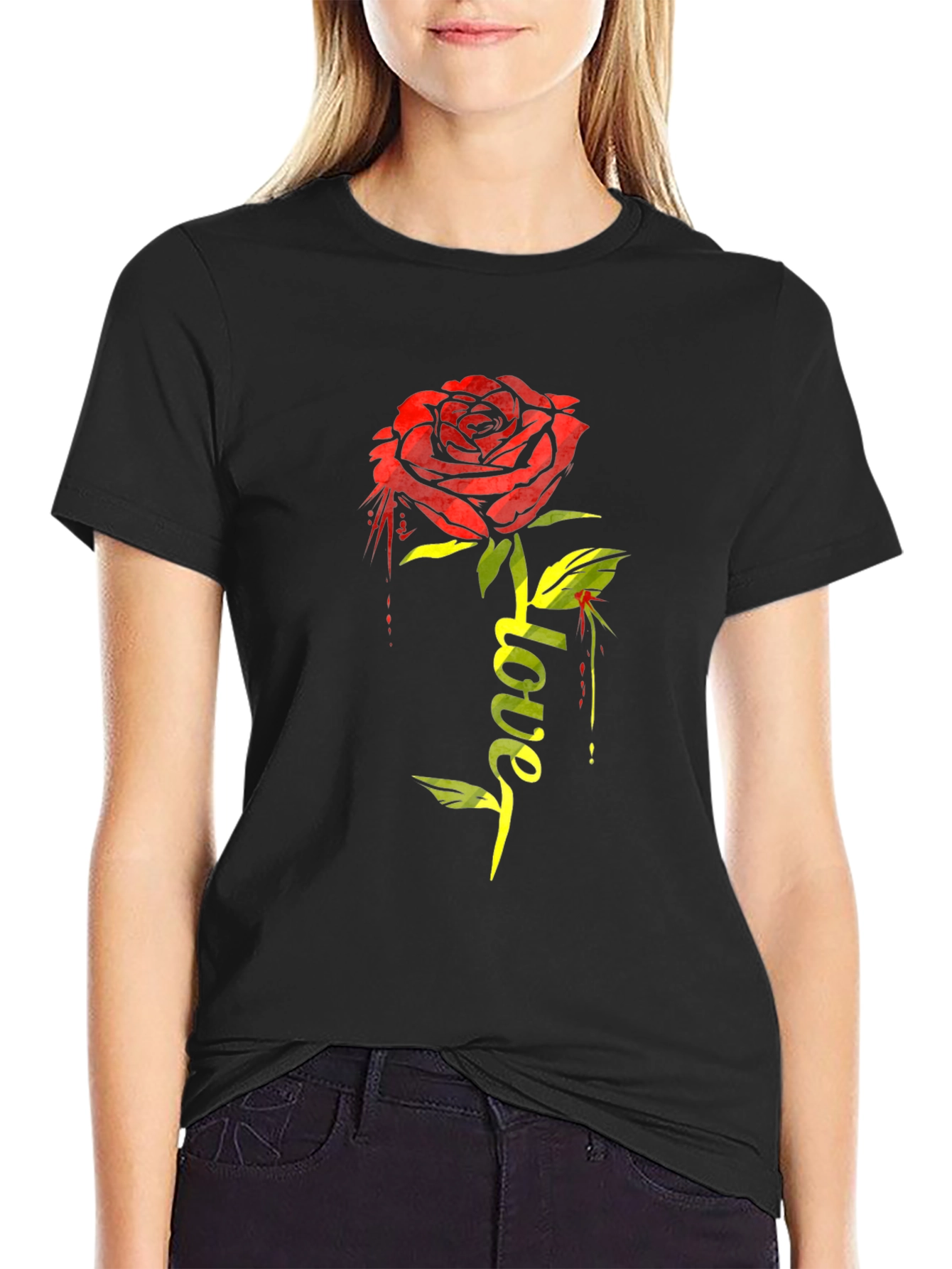 Rose Love Graphic T-Shirt - Stylish Black Tee